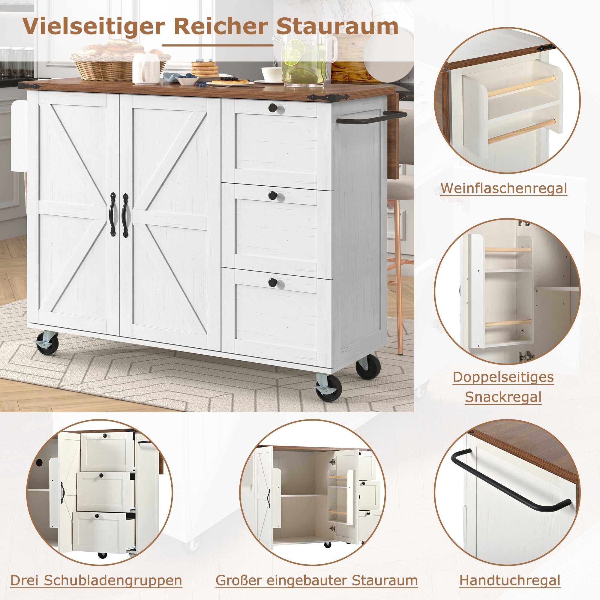 Kitchen Island Serving Trolley Extendable Worktop Storage Cabinet 2 Doors 3 Drawers, Wood Grain Finish