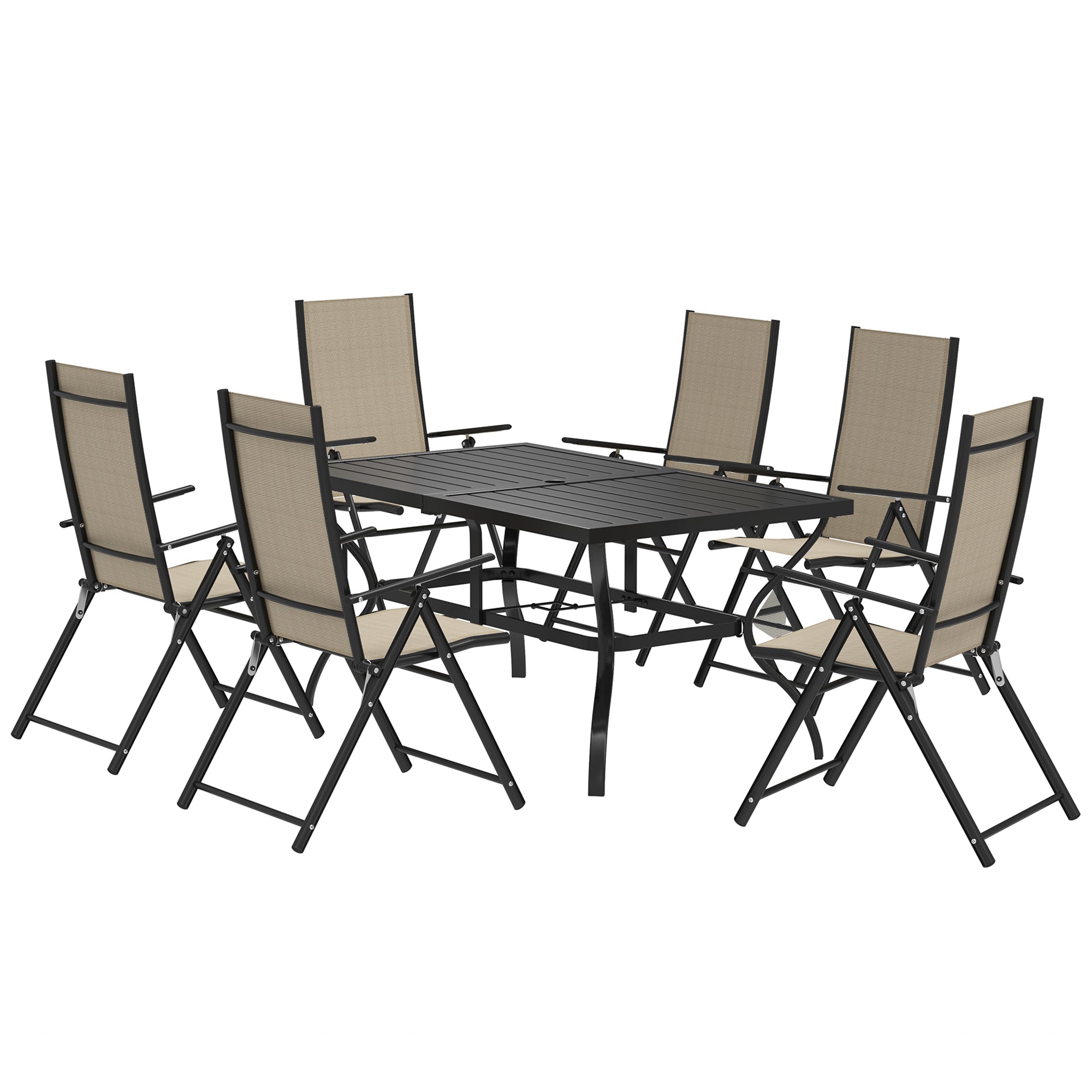 Seven-Piece Dining Set with Parasol Hole, Steel Khaki