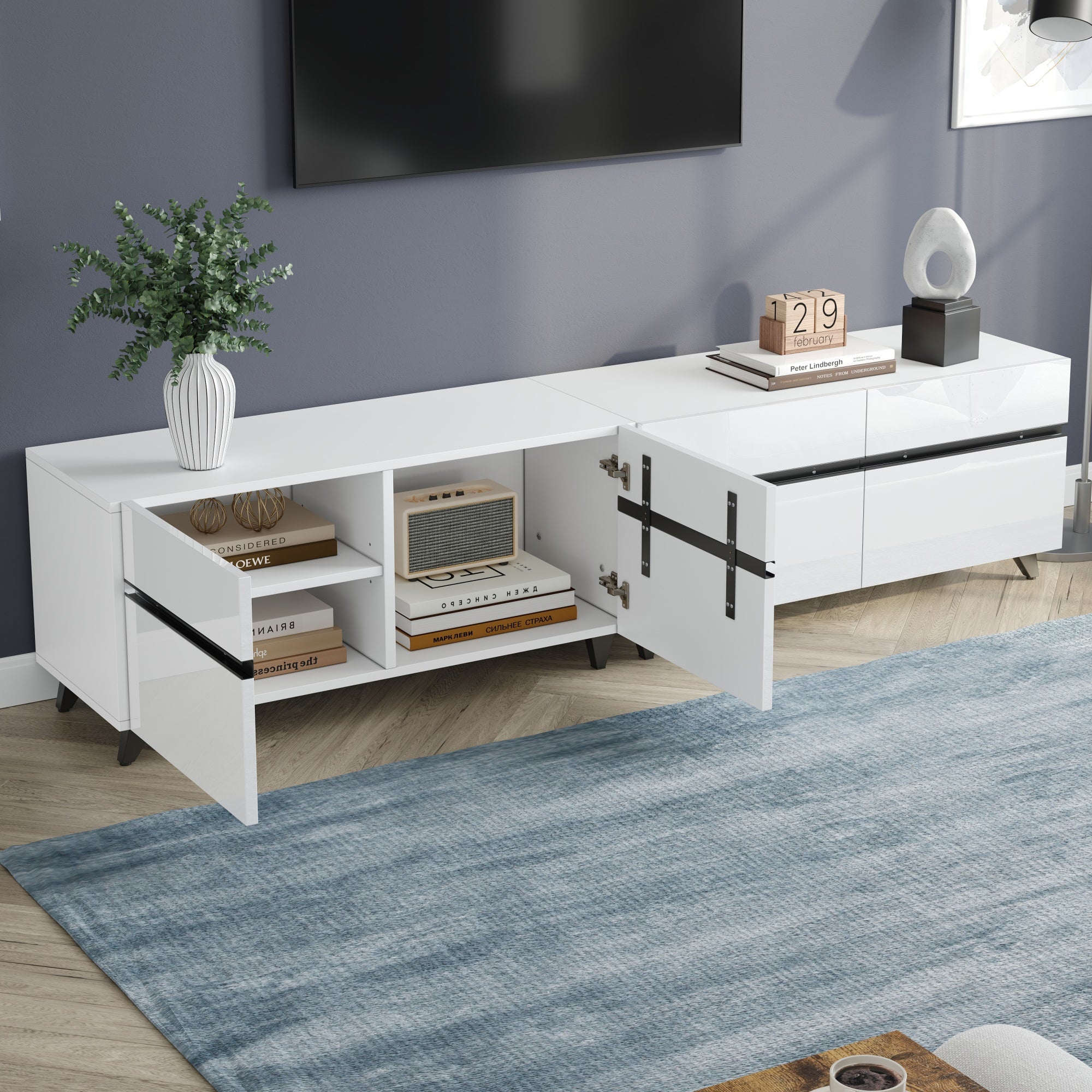 TV Cabinet High-Gloss Lowboard 4 Cabinets Adjustable Dividers 180x40x49cm