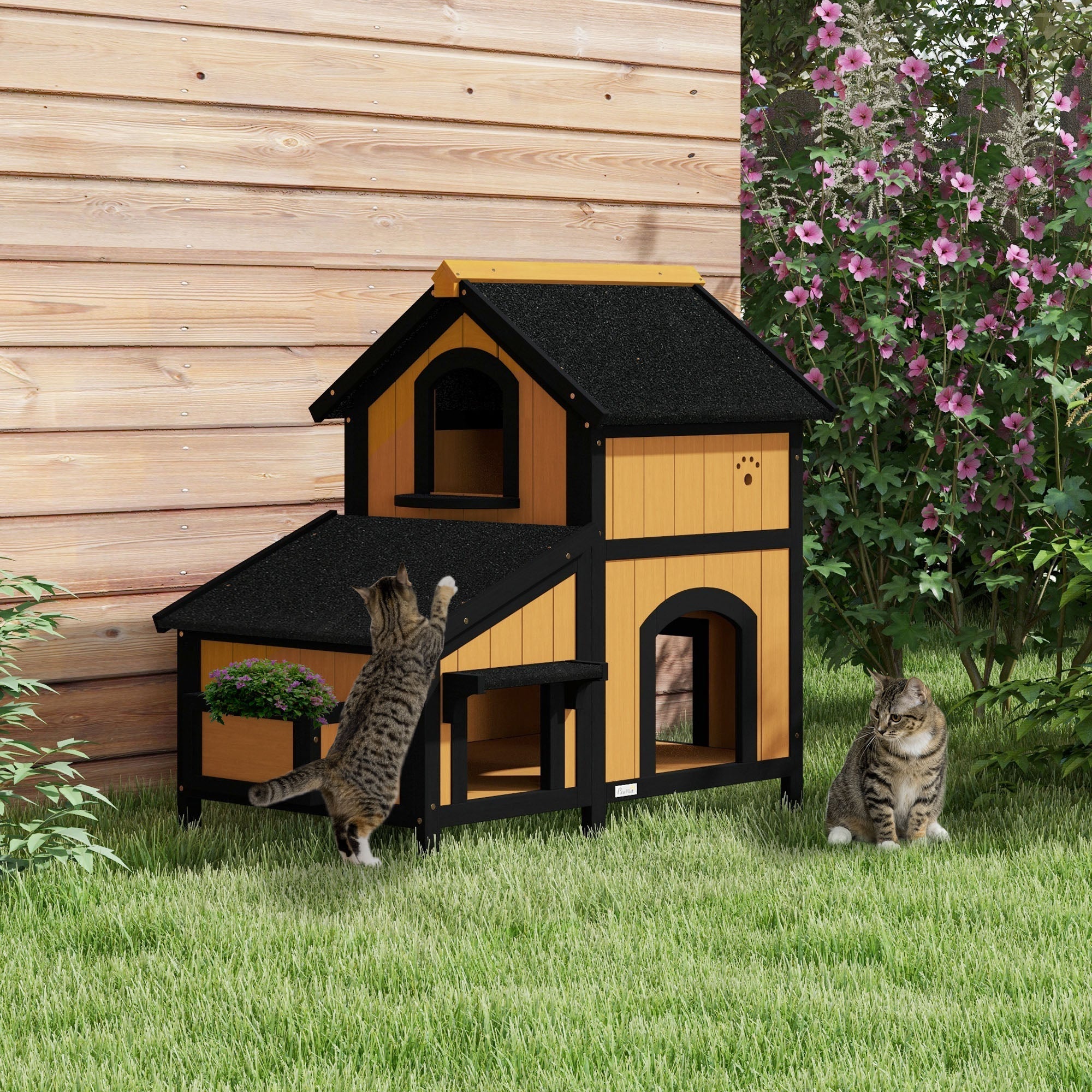 Katzenhaus, 2-stöckige Outdoor-Hütte mit Blumenkasten, Tannenholz Gelb