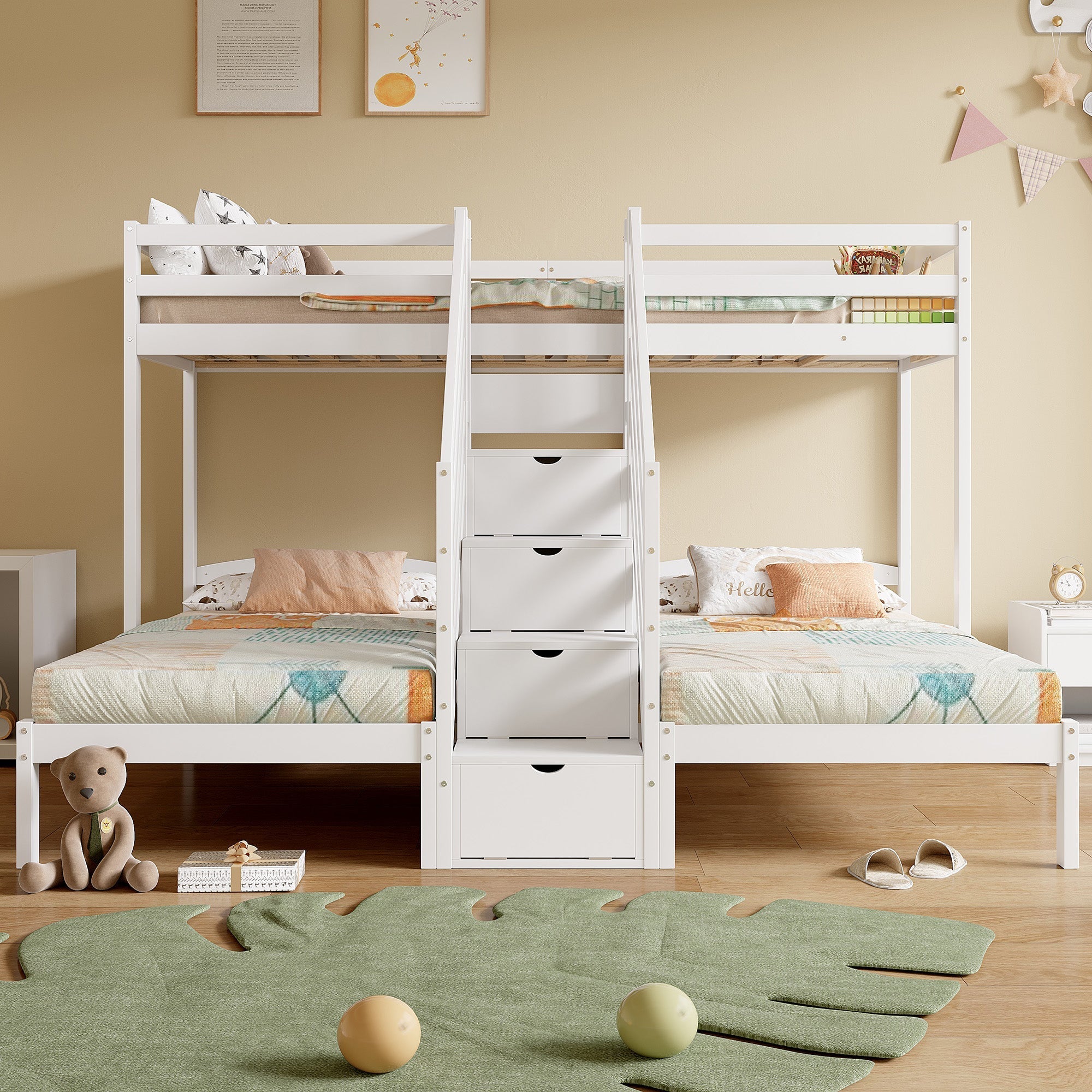 Bunk Bed with 3 Beds and Storage Ladder, White Pine Wood