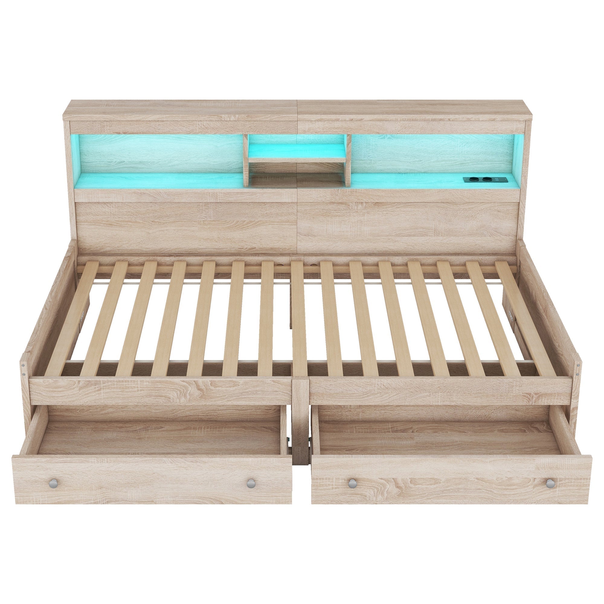 Daybed Sofa Bed 90x200cm Nightstand USB Charging Ambient Lighting 2 Drawers Chipboard Natural