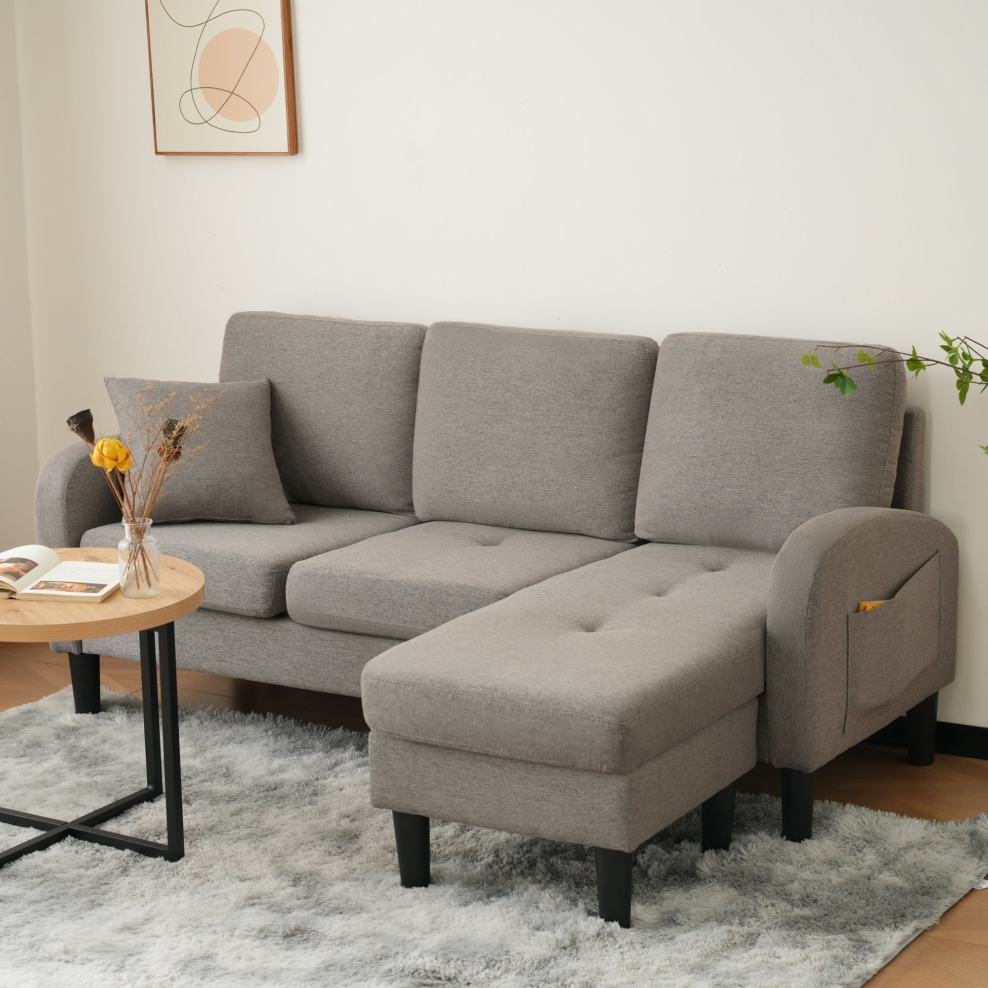 Sofa, L-Shaped Corner with Chaise, 3-Seater, Cotton Linen