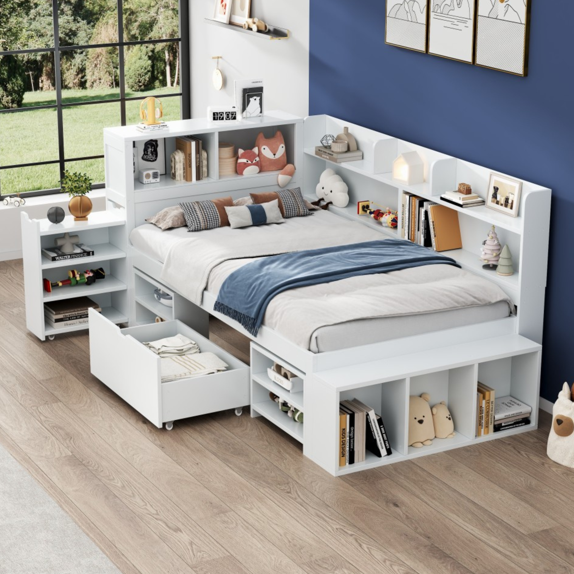 Children's Bed Single 3ft (90x190cm) with Drawers, Bookcase & Storage Cupboard, White