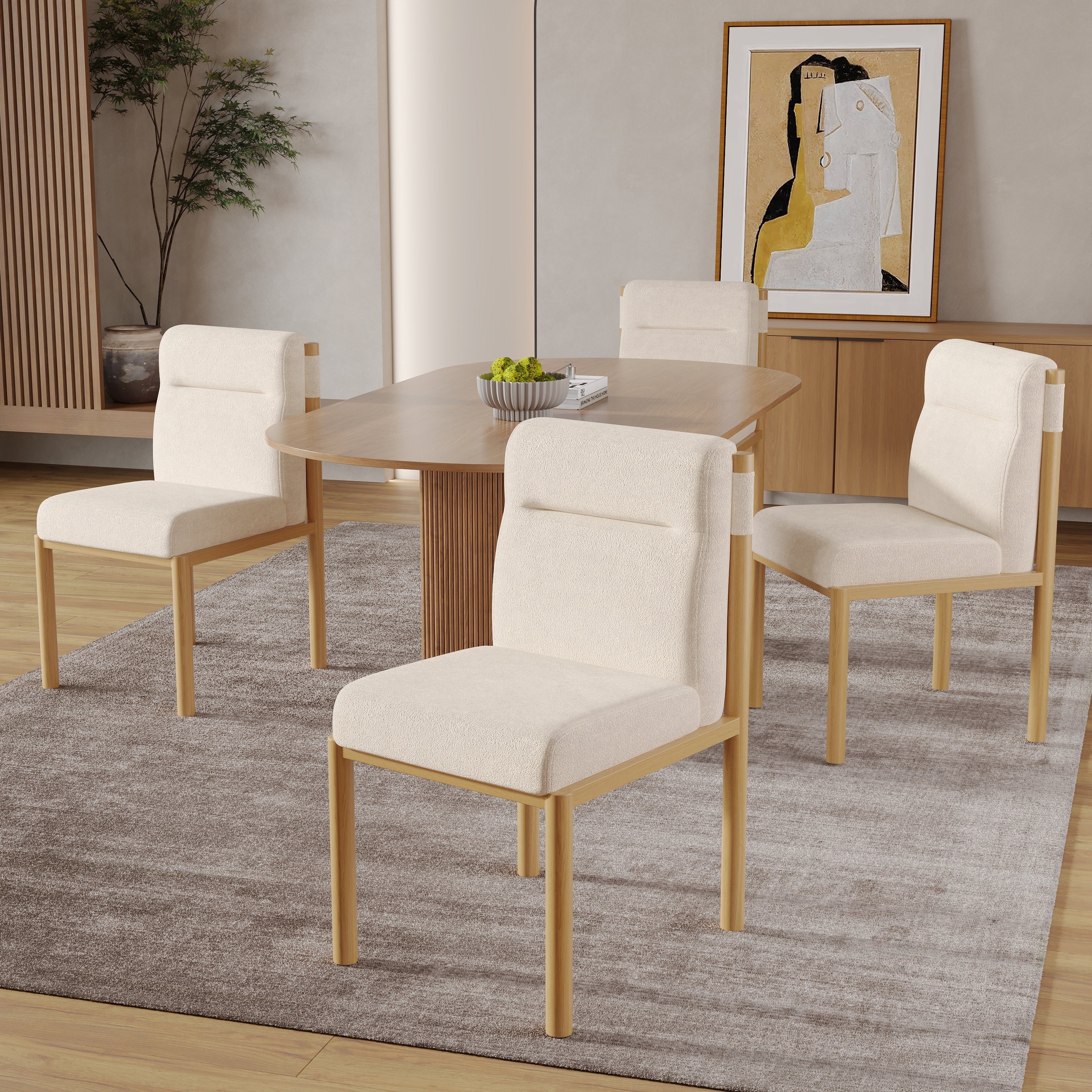2 Dining Chairs Padded Modern Oak-Effect Frame - Beige Sherpa Fabric