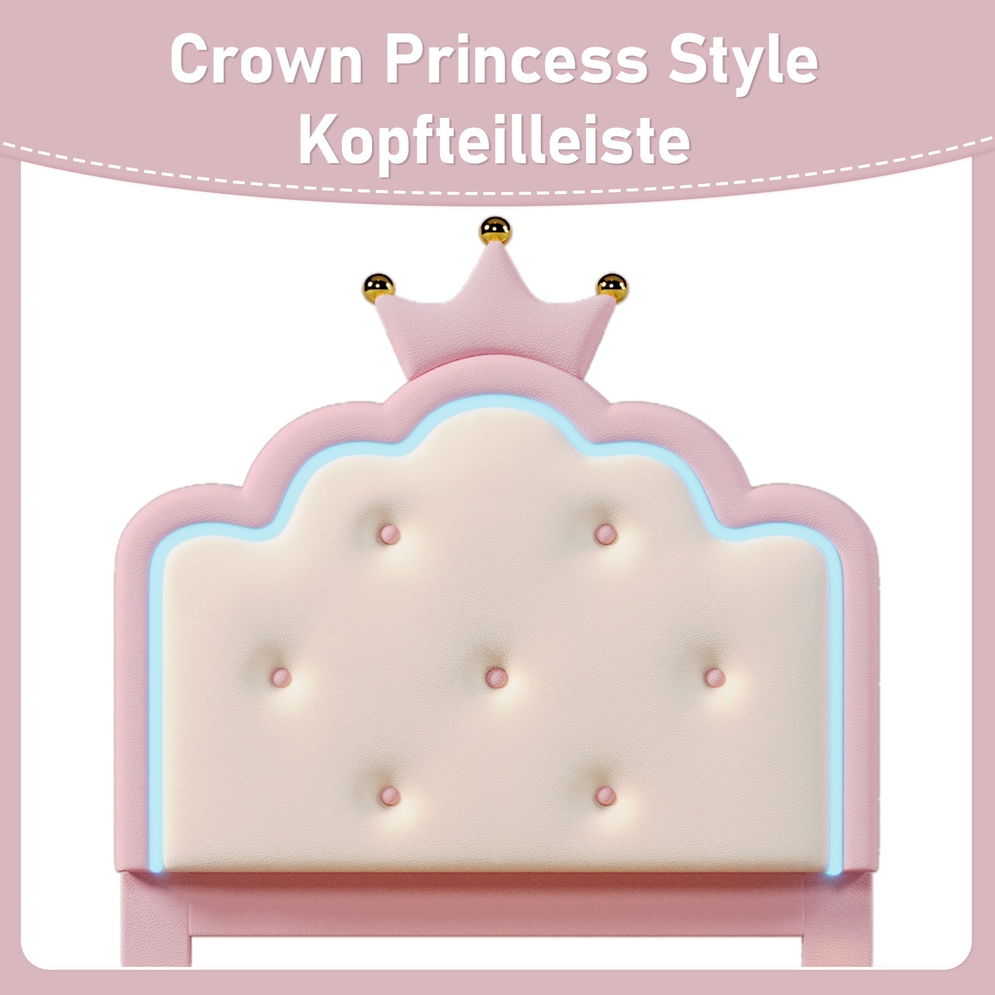 Upholstered Bed Princess Shape 90x200cm Ambient Light Pink PU Material
