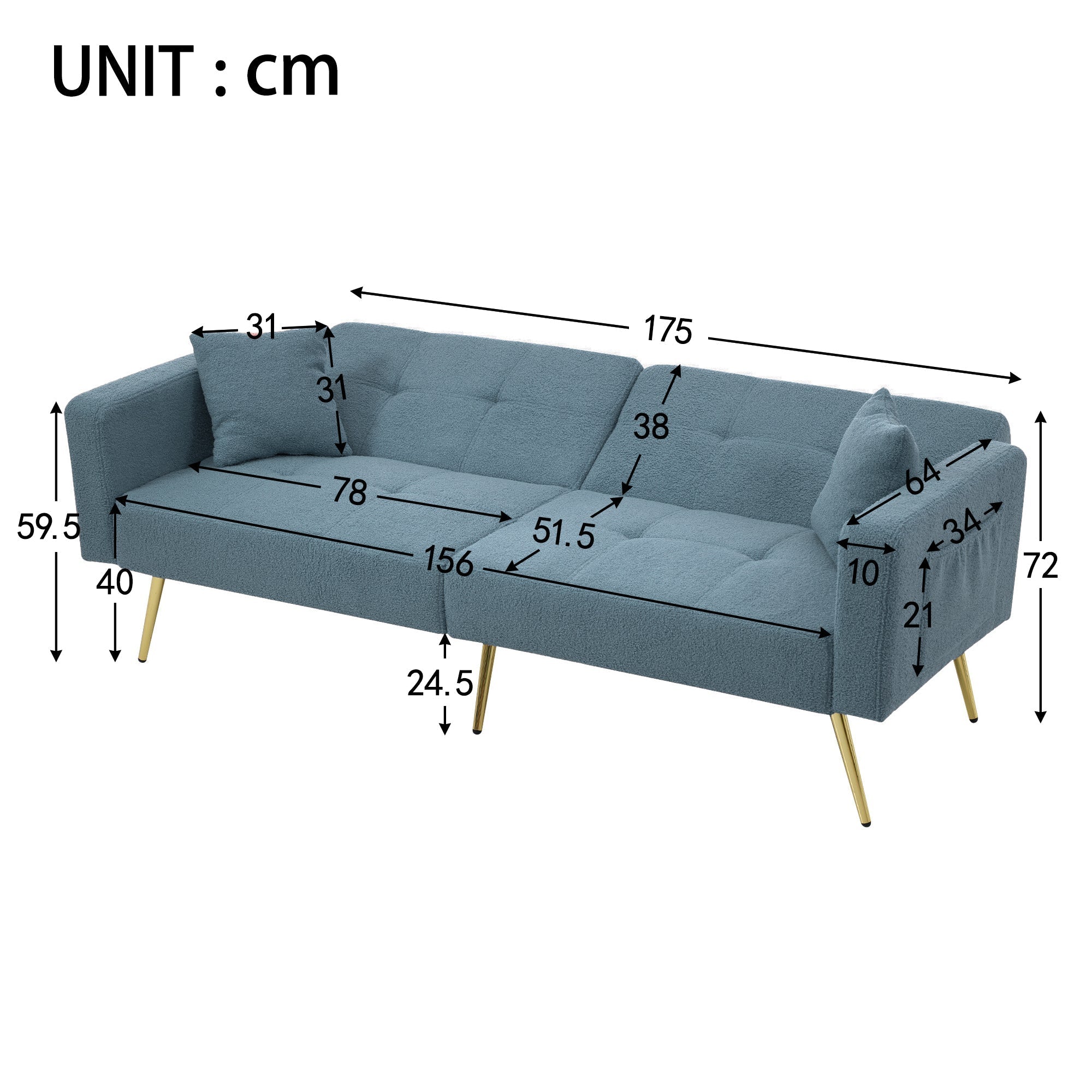 Sleeper Sofa with Adjustable Angle and Side Pockets, Smog Blue Sherpa