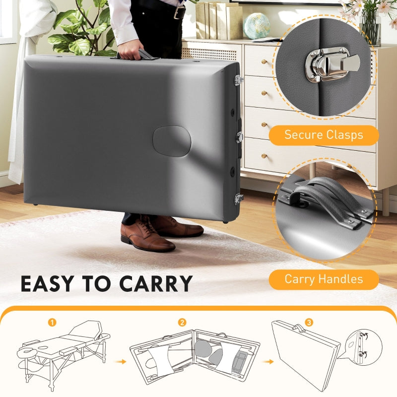 Foldable Massage Table, Adjustable Height Portable with Beech Wood Legs - Grey