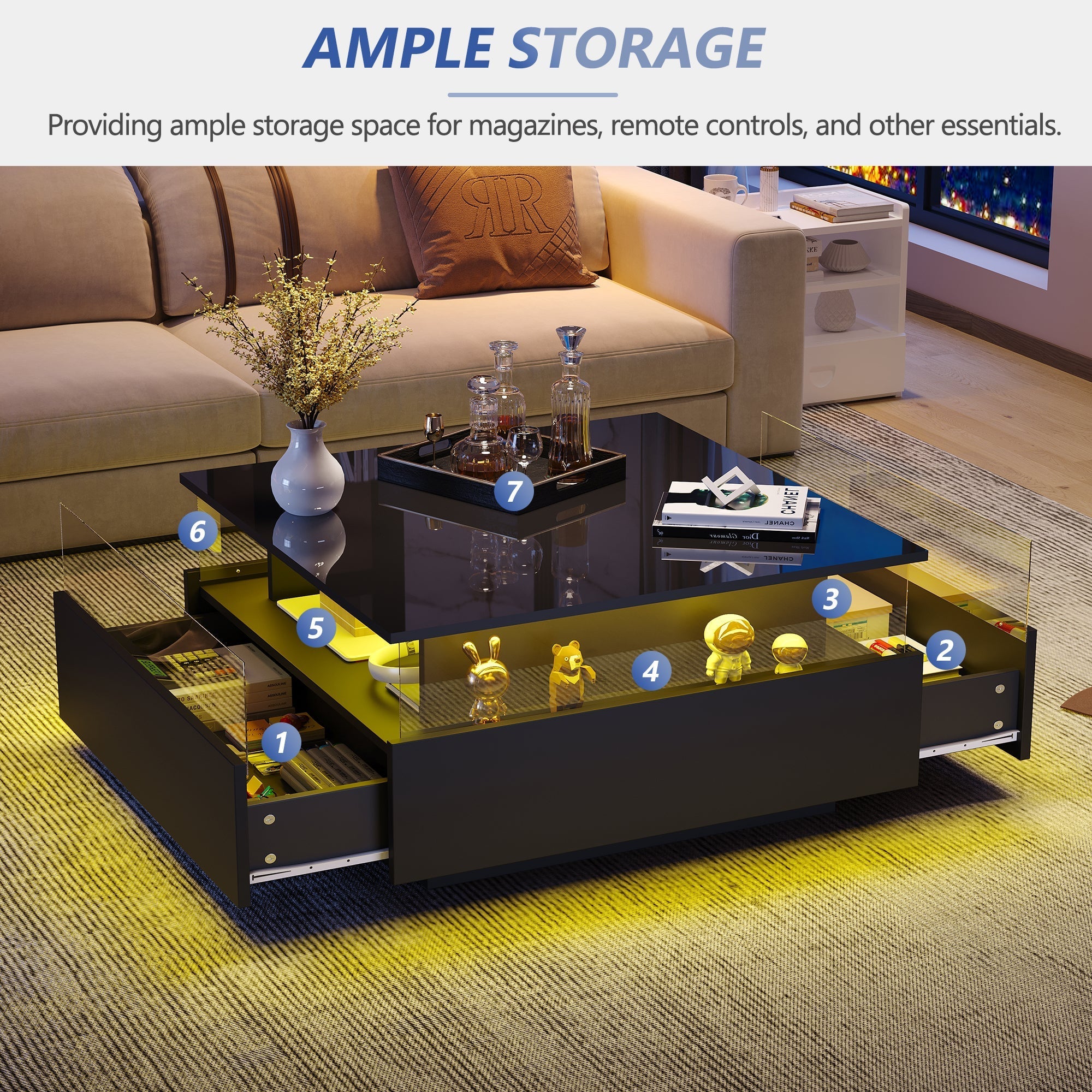 Coffee Table with Storage, Modern LED Coffee Table with 2 Sliding Drawers, Black