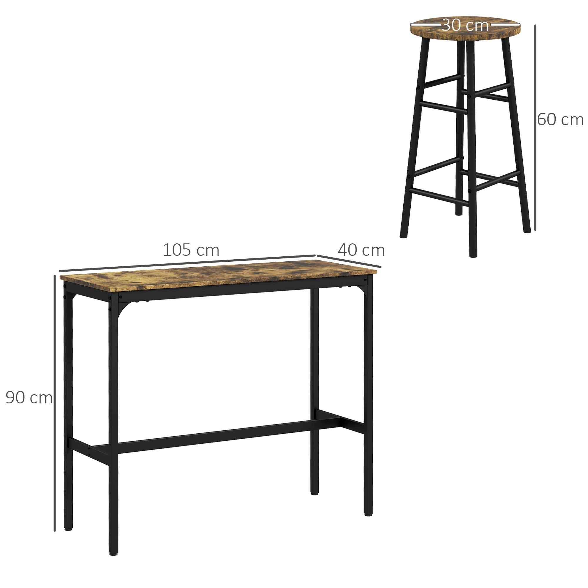 Bar Table Set, 3-Piece with 2 Bar Stools, Steel, Rustic Brown
