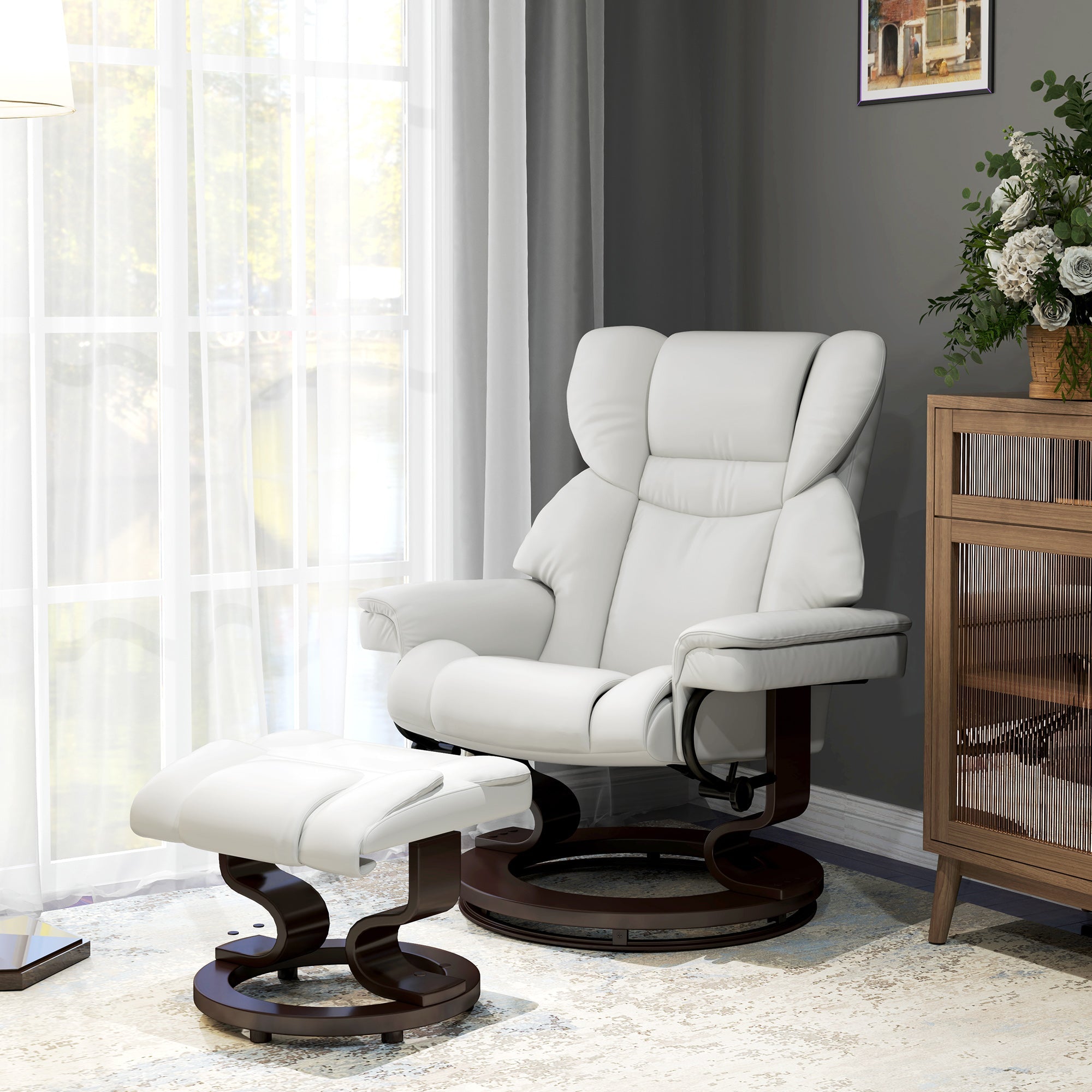 Reclining Armchair with Footstool, Electric Swivel Massage Function, Faux Leather, Cream White