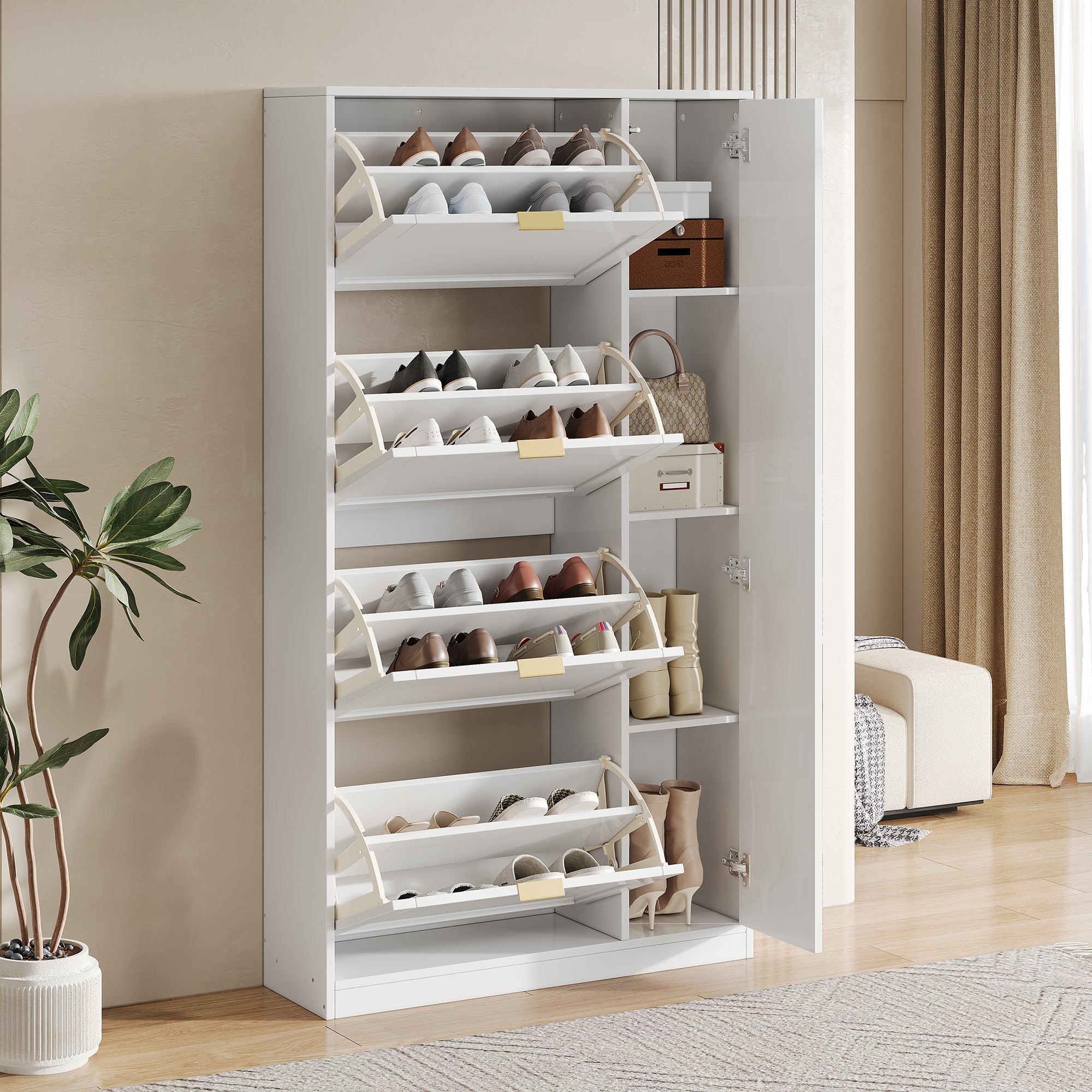 Shoe Cabinet with Mirror 4 Drawers Adjustable Shelf 80x147x24cm - White