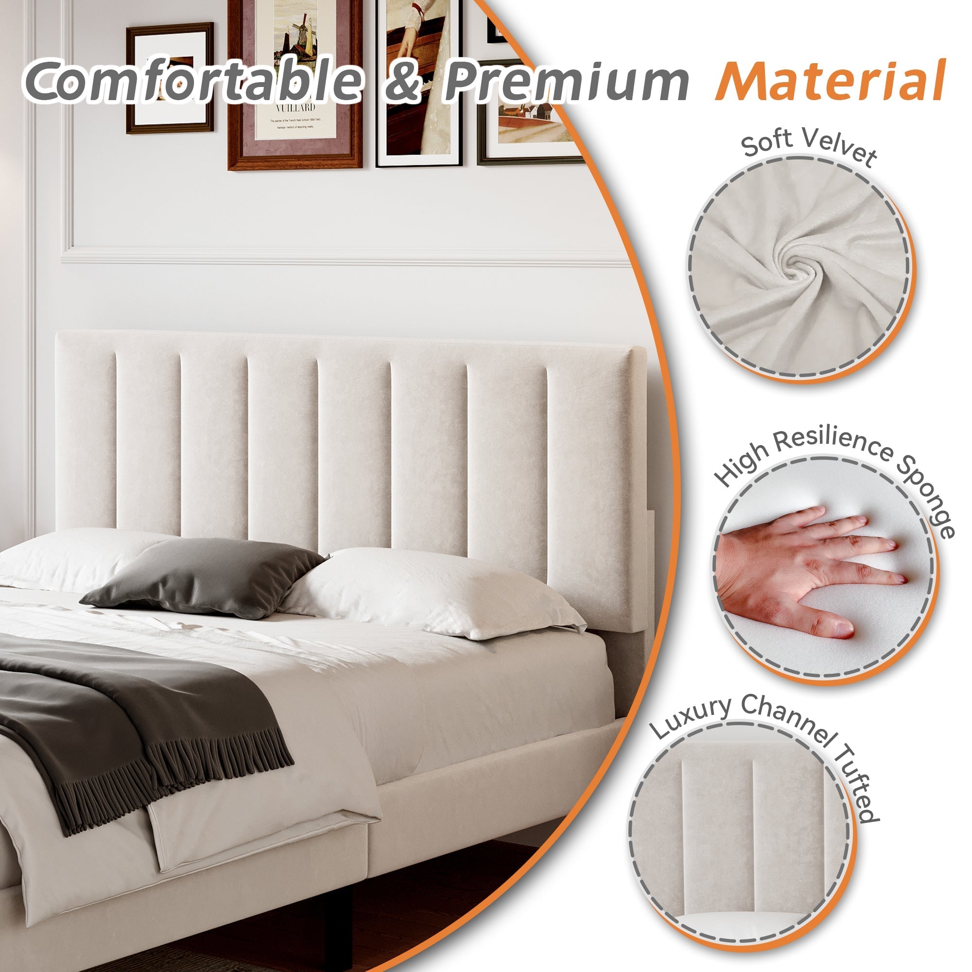4ft6 Double Upholstered Velvet Bed Frame, Adjustable Channel Tufted Headboard, Solid Wood Slat, Mute Foam, Beige