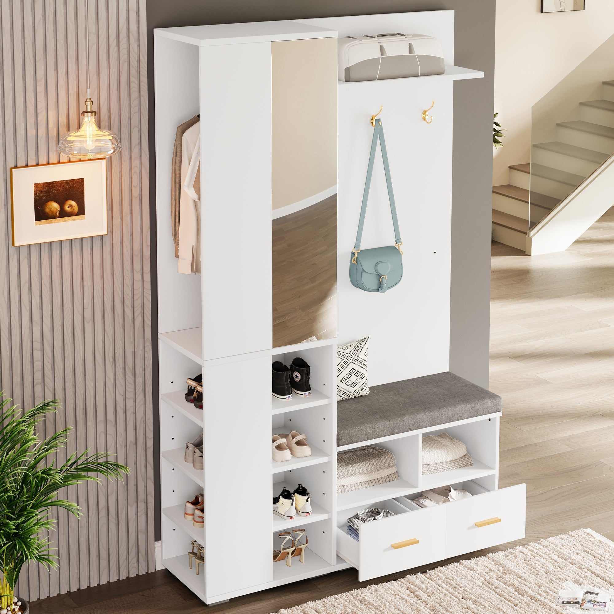 Wardrobe Set Hallway Cabinet Mirror Shoe Bench Clothes Rail 2 Drawers White