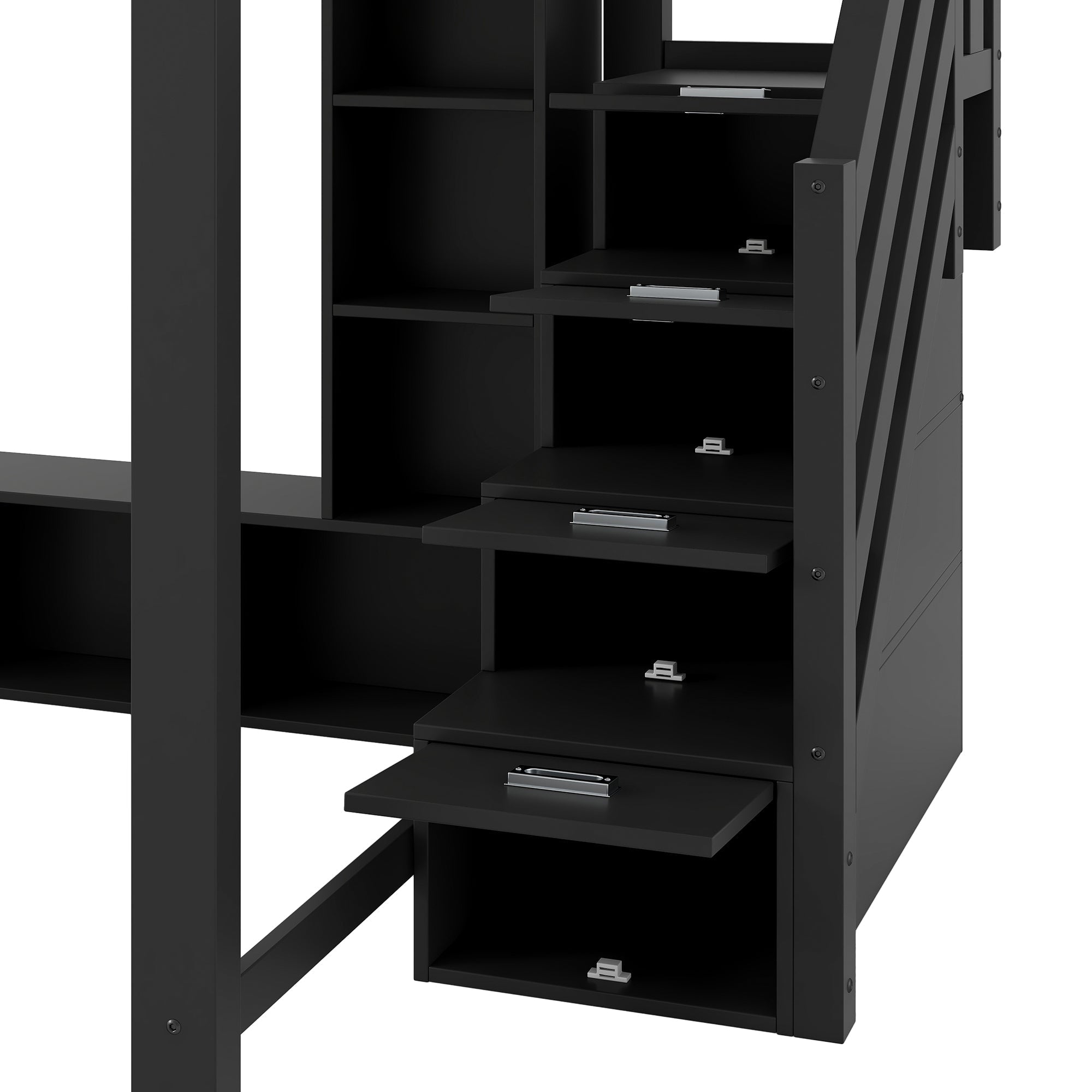 Loft Bed with Desk, Storage Stairs and LED Lighting, 140x200cm, Black Wood
