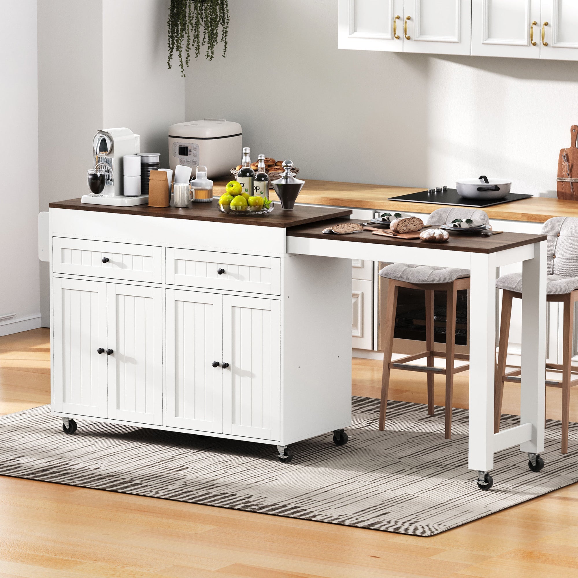 Kitchen Island on Wheels, Extendable with Worktop & Drawers, White + Walnut