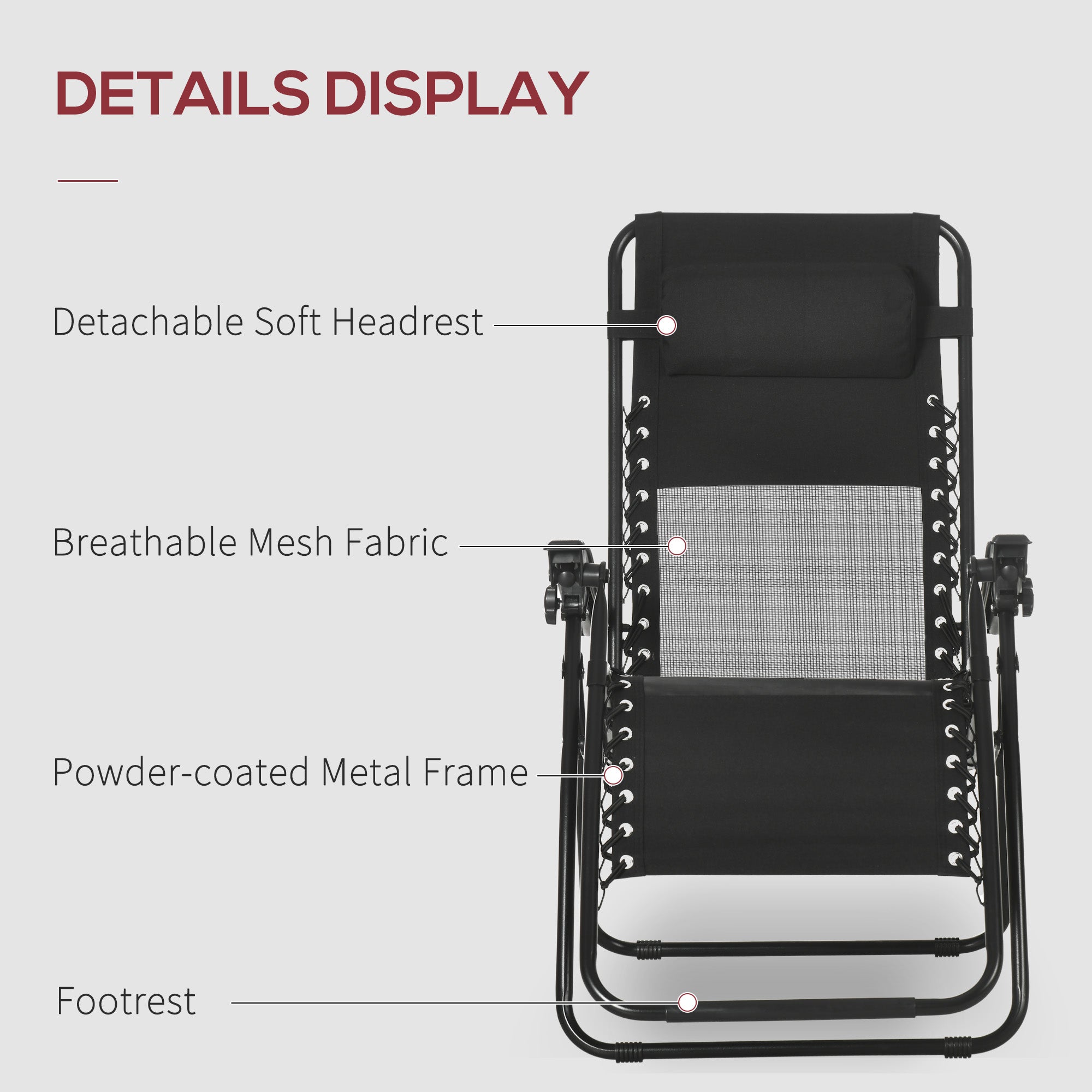 Garden Recliner Chairs Set of 2, Outdoor Foldable Zero Gravity w/ Footstool and Headrest, Black