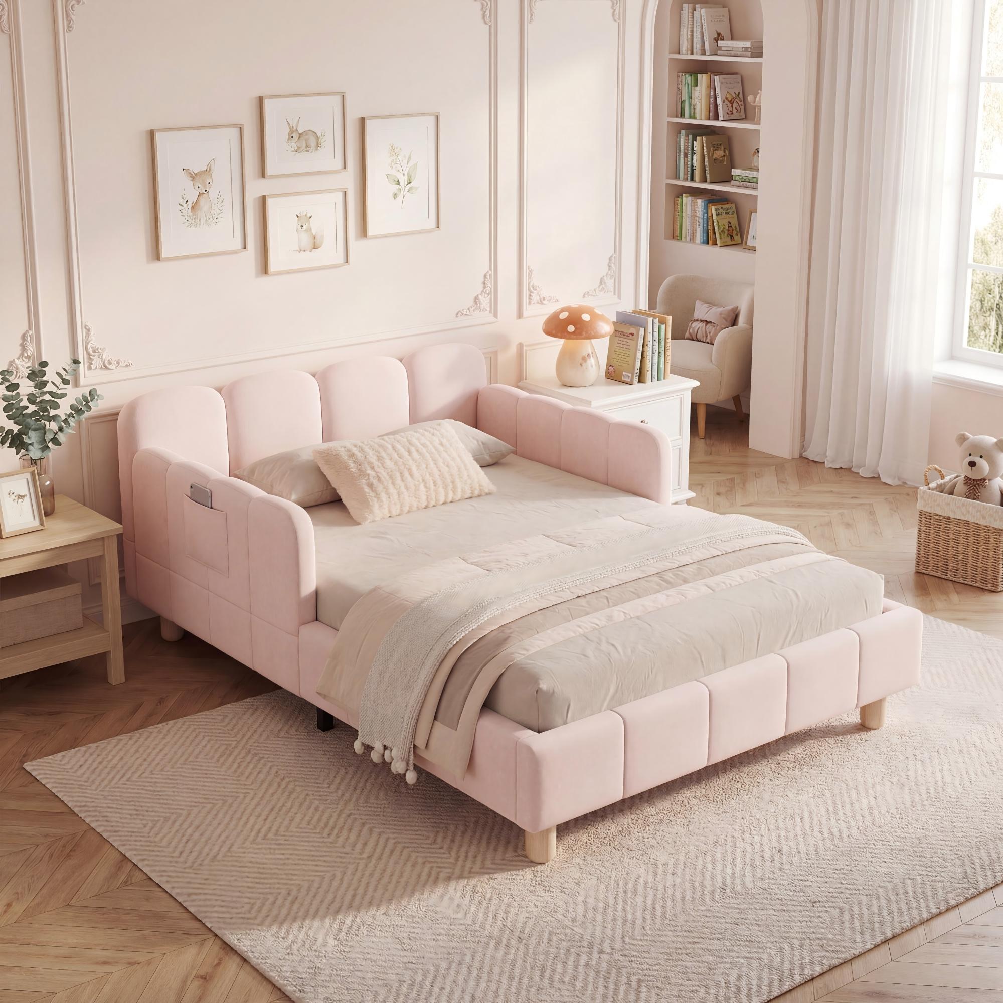 Upholstered Children's Single Bed with Headboard and Safety Rail, 90x200cm, Pink Velvet