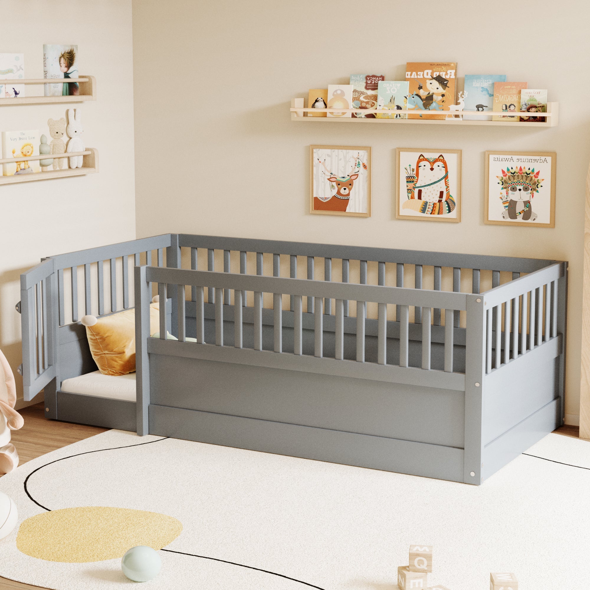 Children's Bed 90x200cm with Railing and Door, Wood, Grey