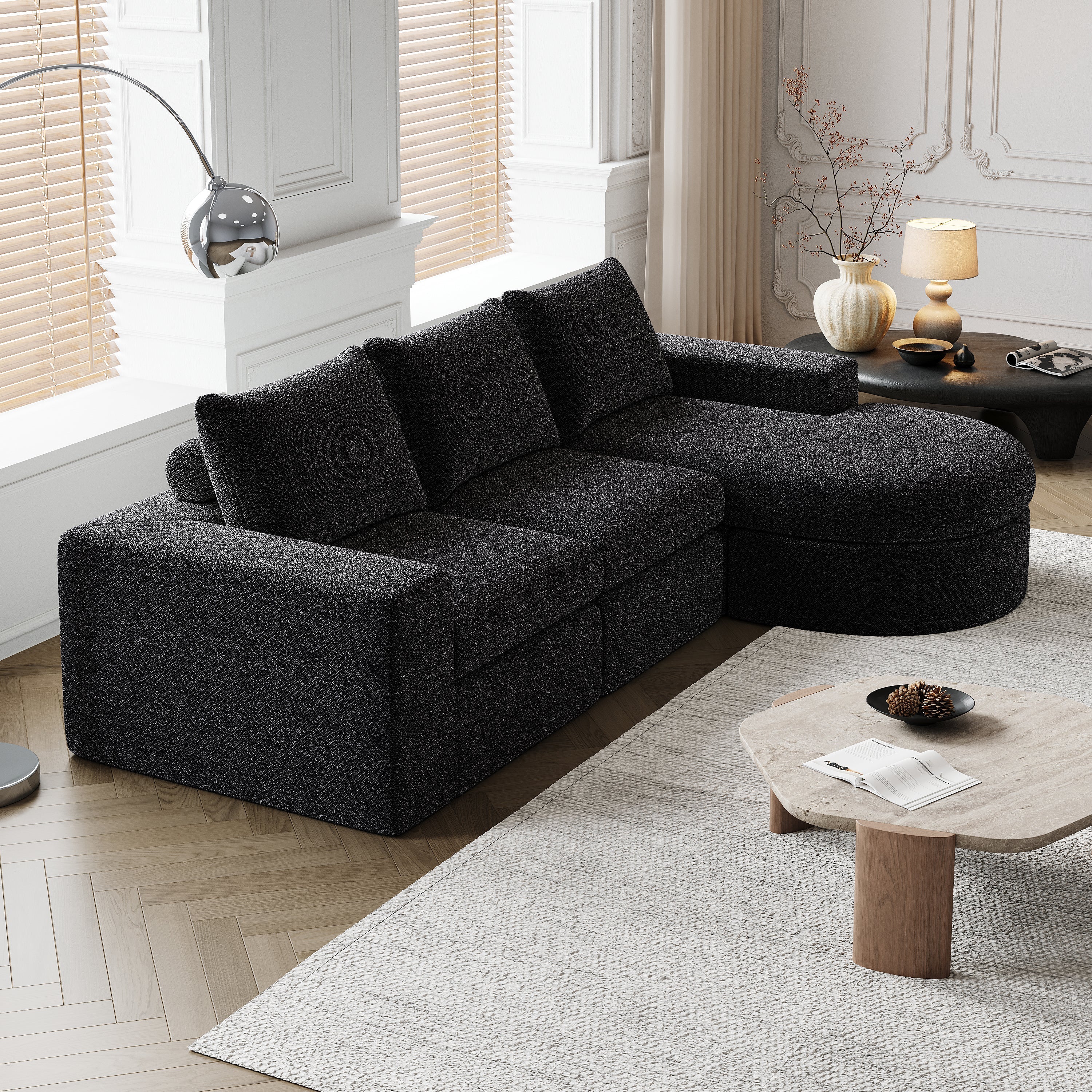 Chenille Sofa, Curved Modular L-Lounger, Foam Compression