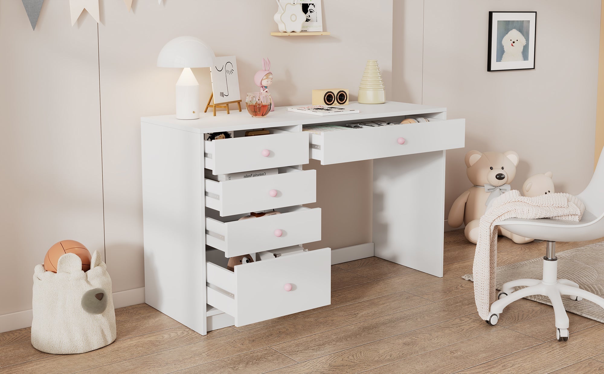 Desk Children's/Computer Dressing Table 5 Drawers Pink Ceramic Handles, White