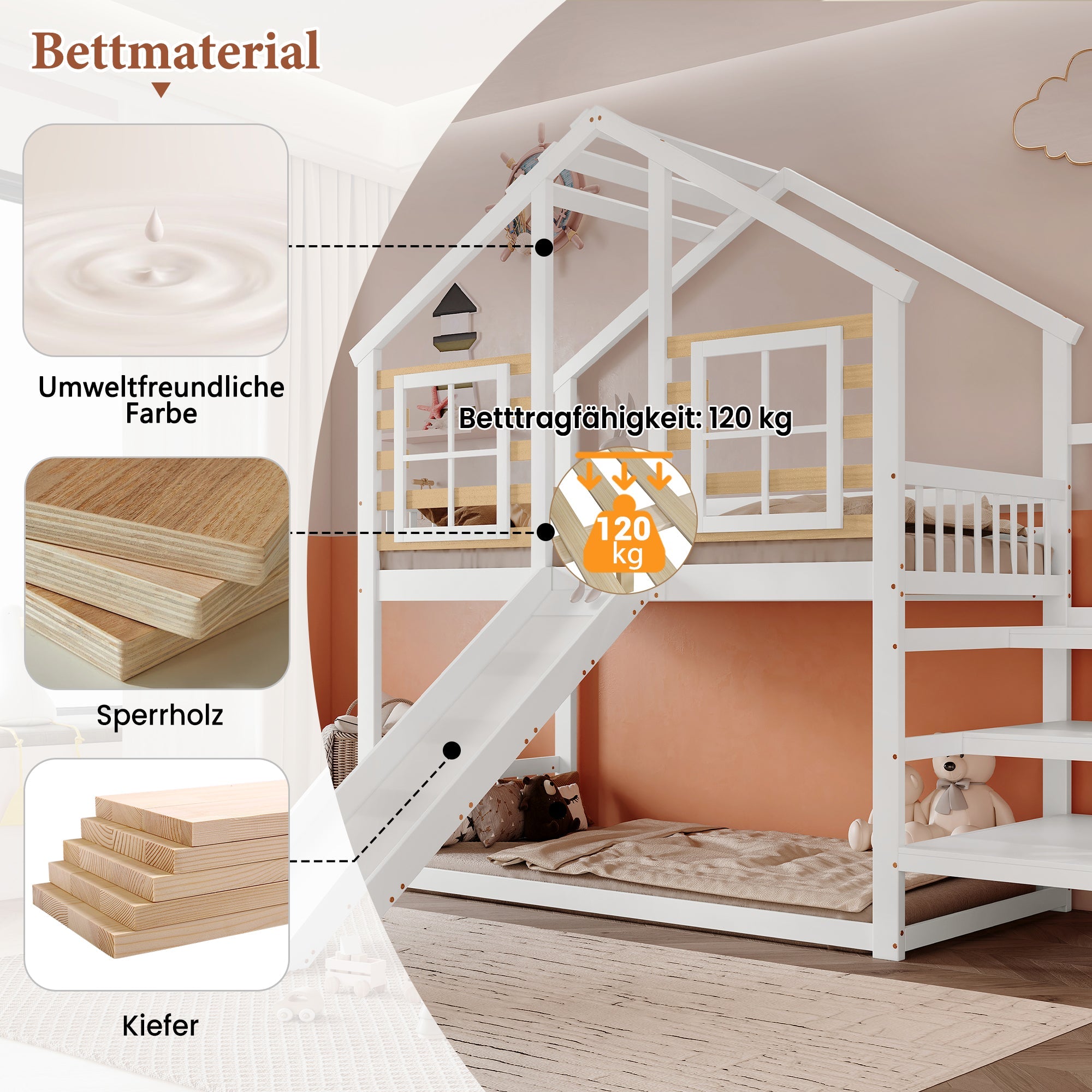 Bunk Bed, Wooden with Stairs, Slide & Window, Solid Wood, White