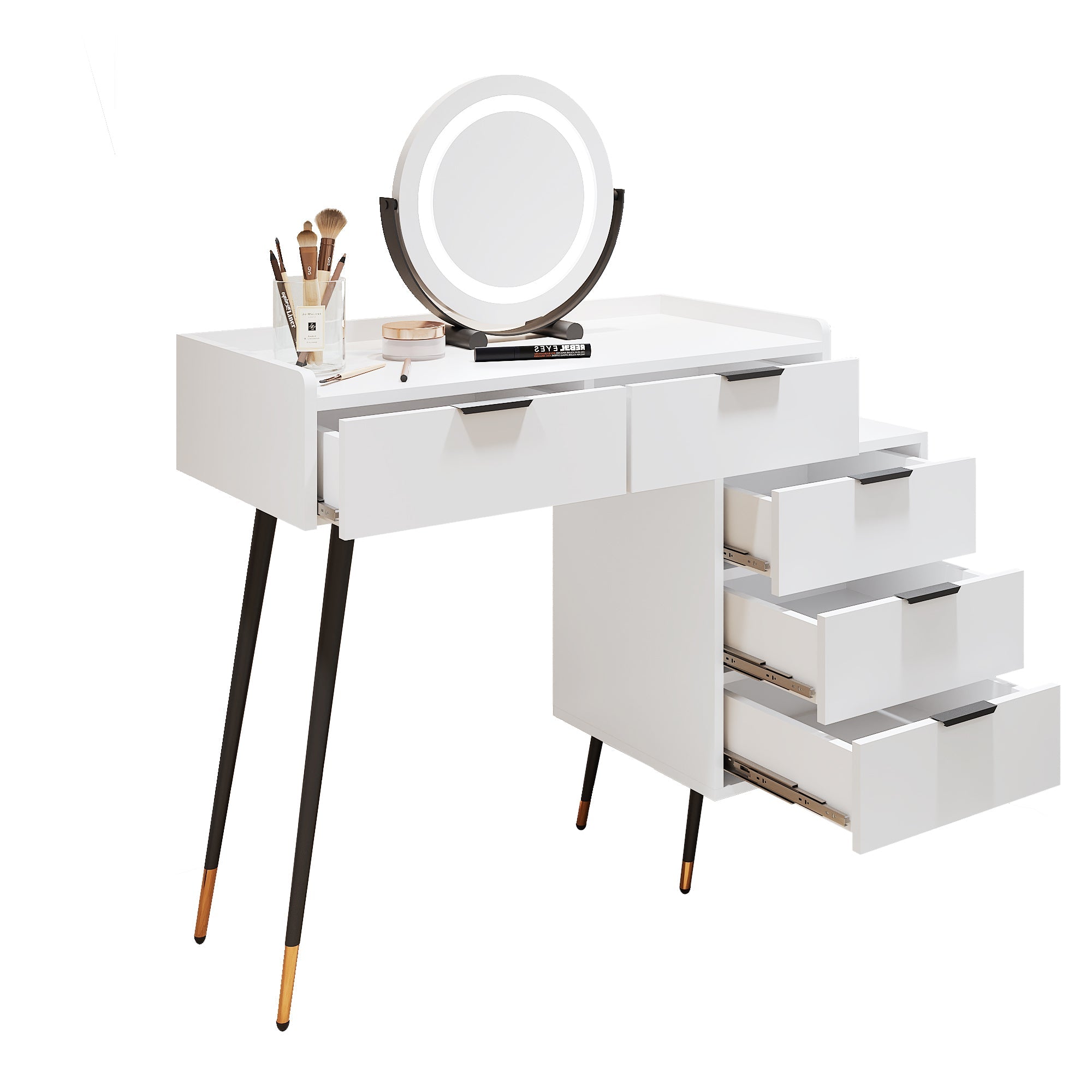 Dressing Table with Adjustable LED Mirror, 5 Drawers and Pull-out Side Cabinets, White Wood