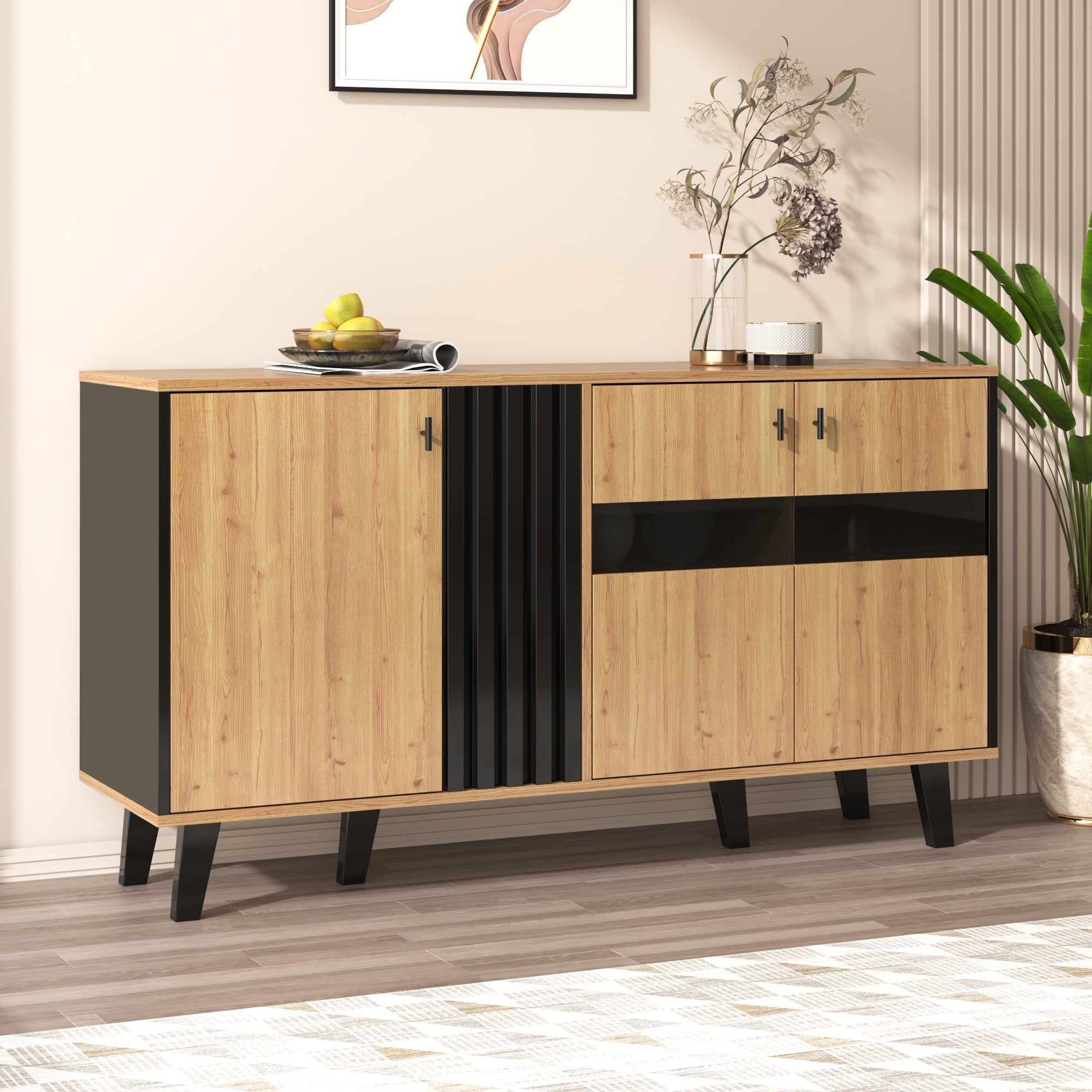 Sideboard, 140x78.5x41 cm, LED Lighting & Glass, Wood and Black