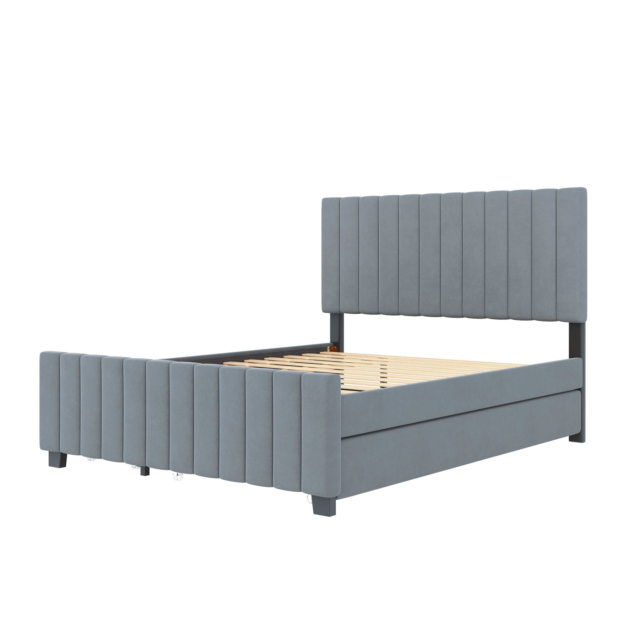 Upholstered Bed 140x190cm, Pull-Out & 2 Drawers, Velvet, Grey