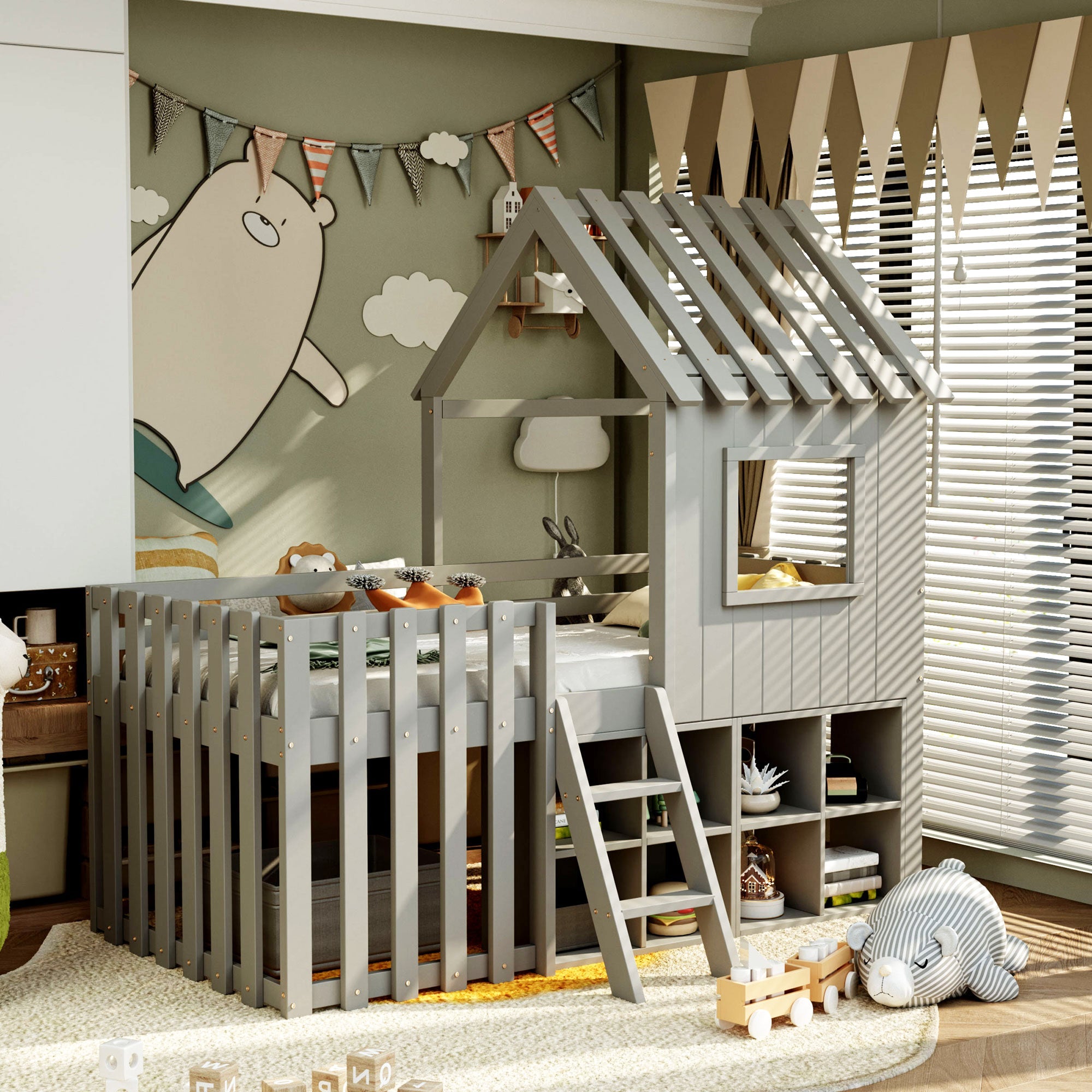 Children's House Bed 90x200, Roof & Window, Open Storage, Climbing Ladder, Solid Wood, Gray