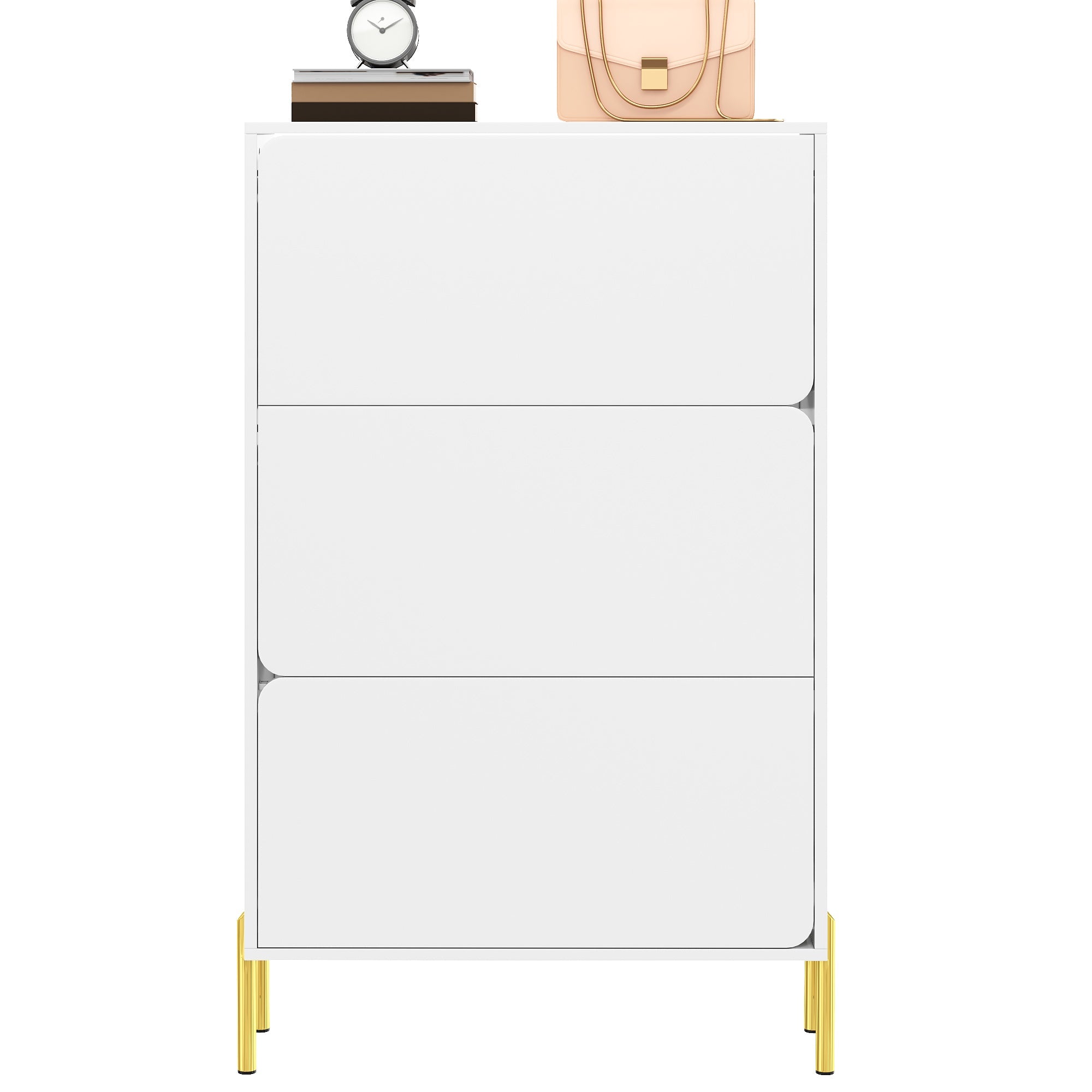 Modern Minimalist Shoe Cabinet with 3 Doors and Large Capacity, White and Gold