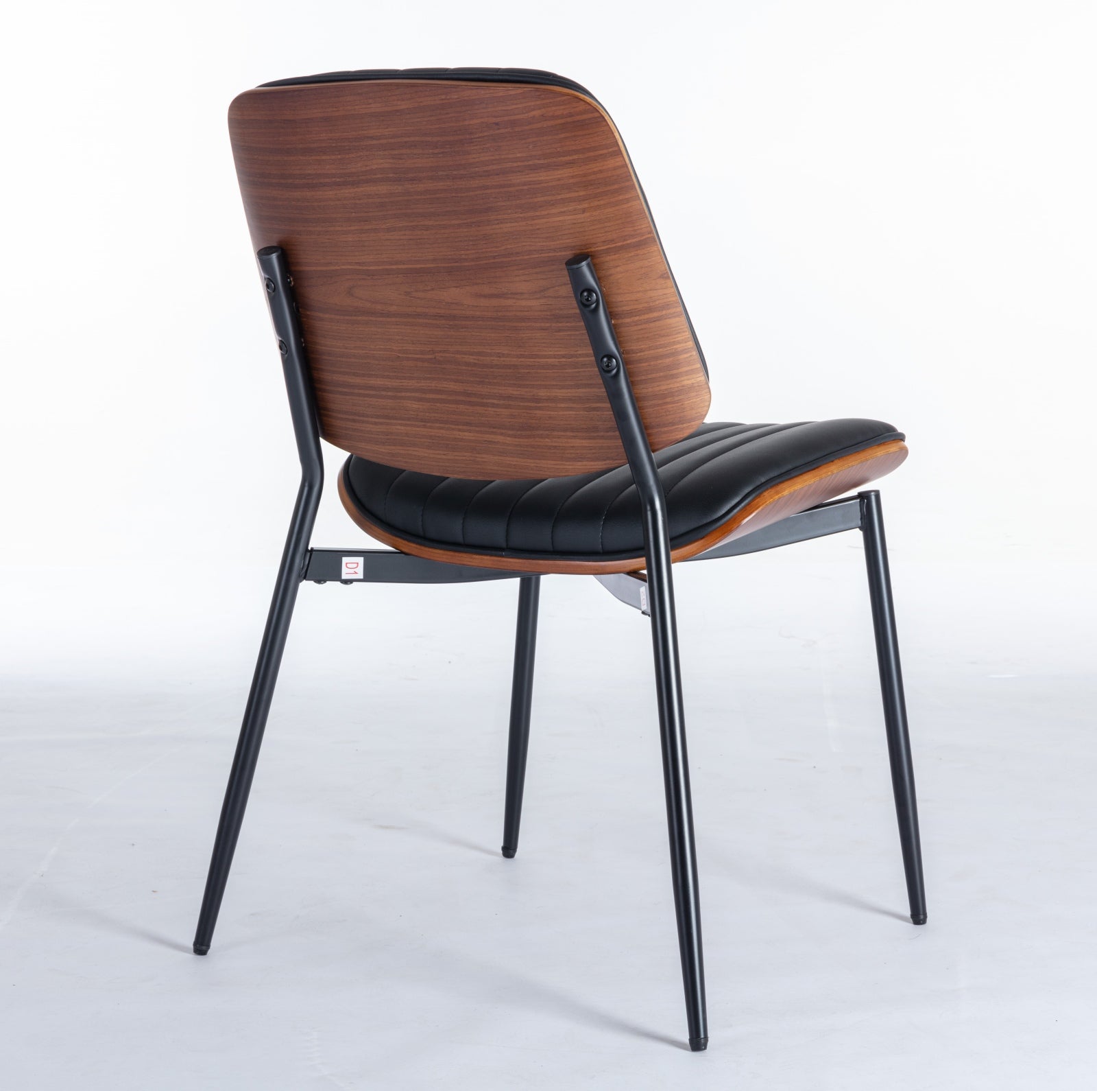 Dining Chairs Set of 2 Mid-Century Modern Retro Walnut Bentwood Back Upholstered Seat Metal Legs - Black Faux Leather
