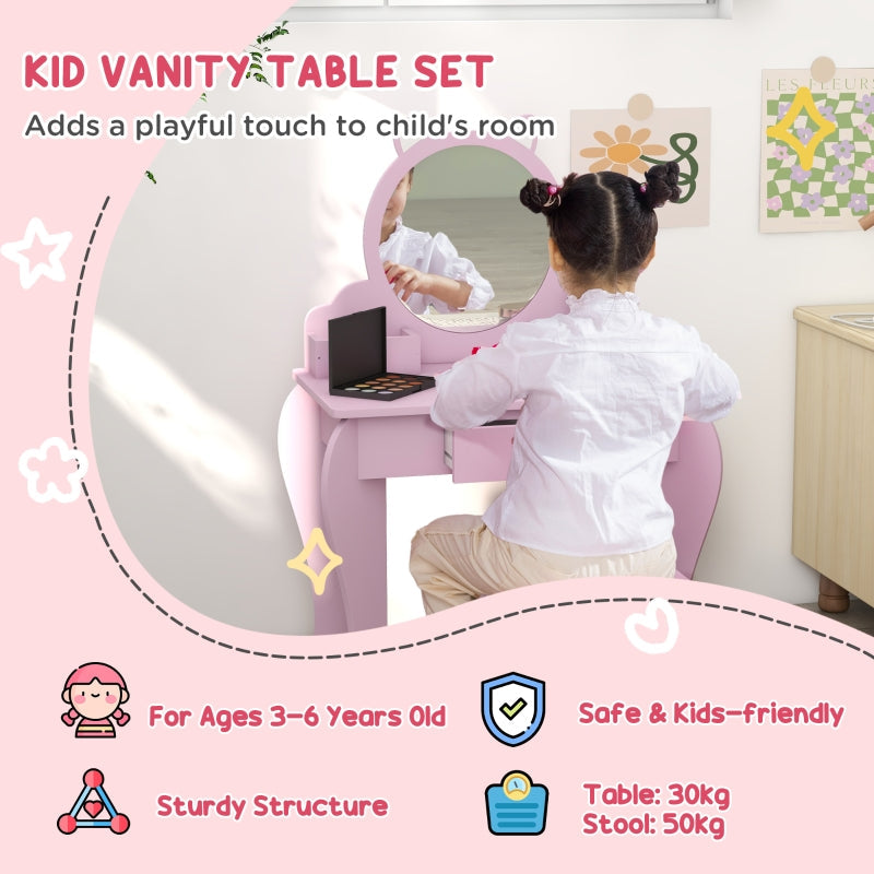 Kids Vanity Table with Mirror, Stool, Drawer, Cat Design, for Ages 3-6 Years - Pink