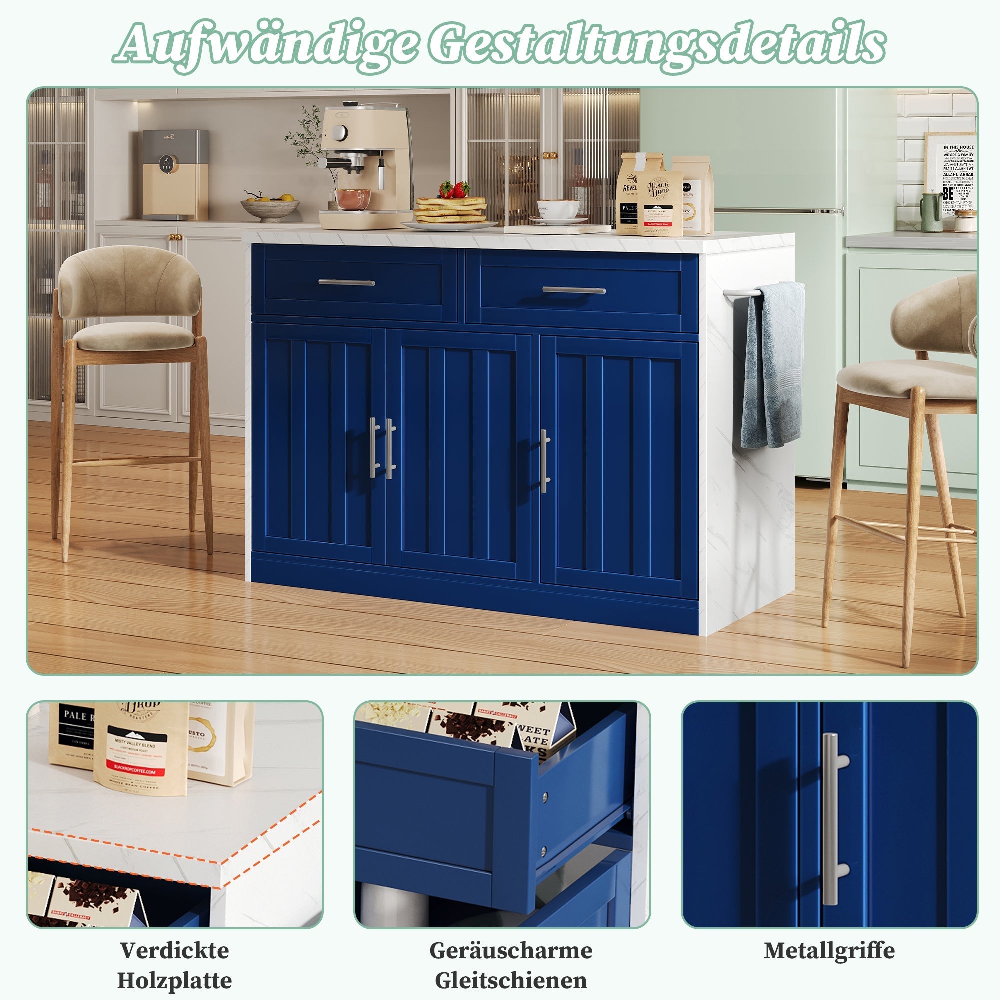 Kitchen Island with Power Outlets and Adjustable Shelves, Wood Look