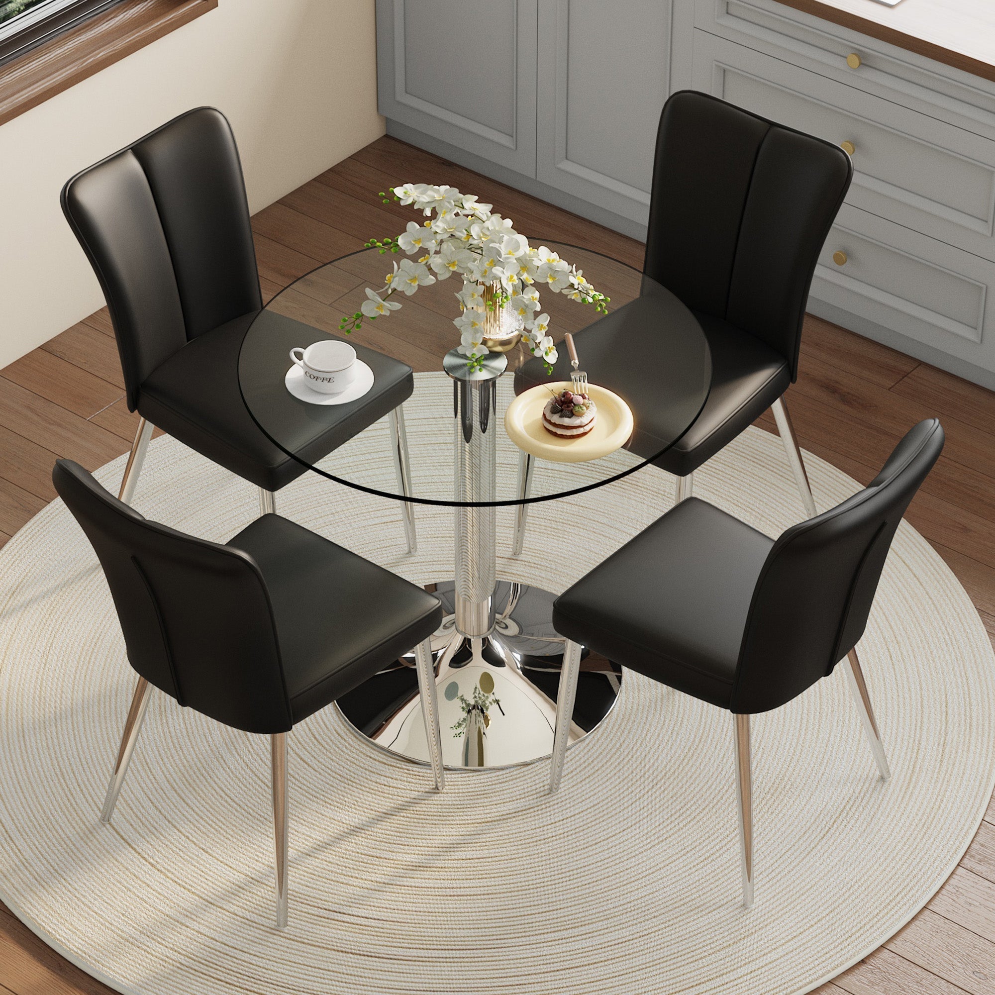 Dining Set 85cm Tempered Glass Table 4 PU Chairs Minimalist - Black