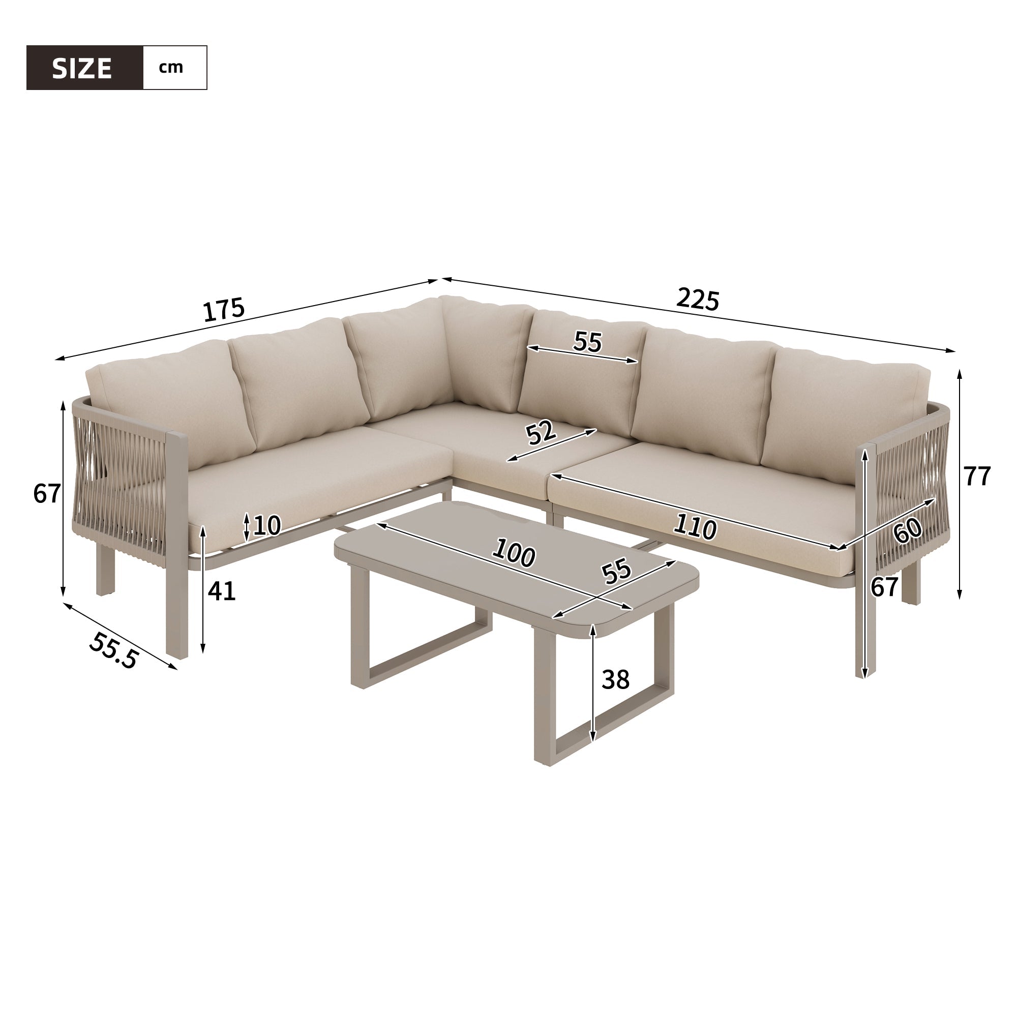6-Person Garden Furniture Set with Corner Configuration and Glass Tabletop, Khaki Teslin Rope Weaving and Galvanized Steel