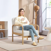 Armchair, Lounge Chair with Armrests, Wooden Legs, Bouclé Look, White