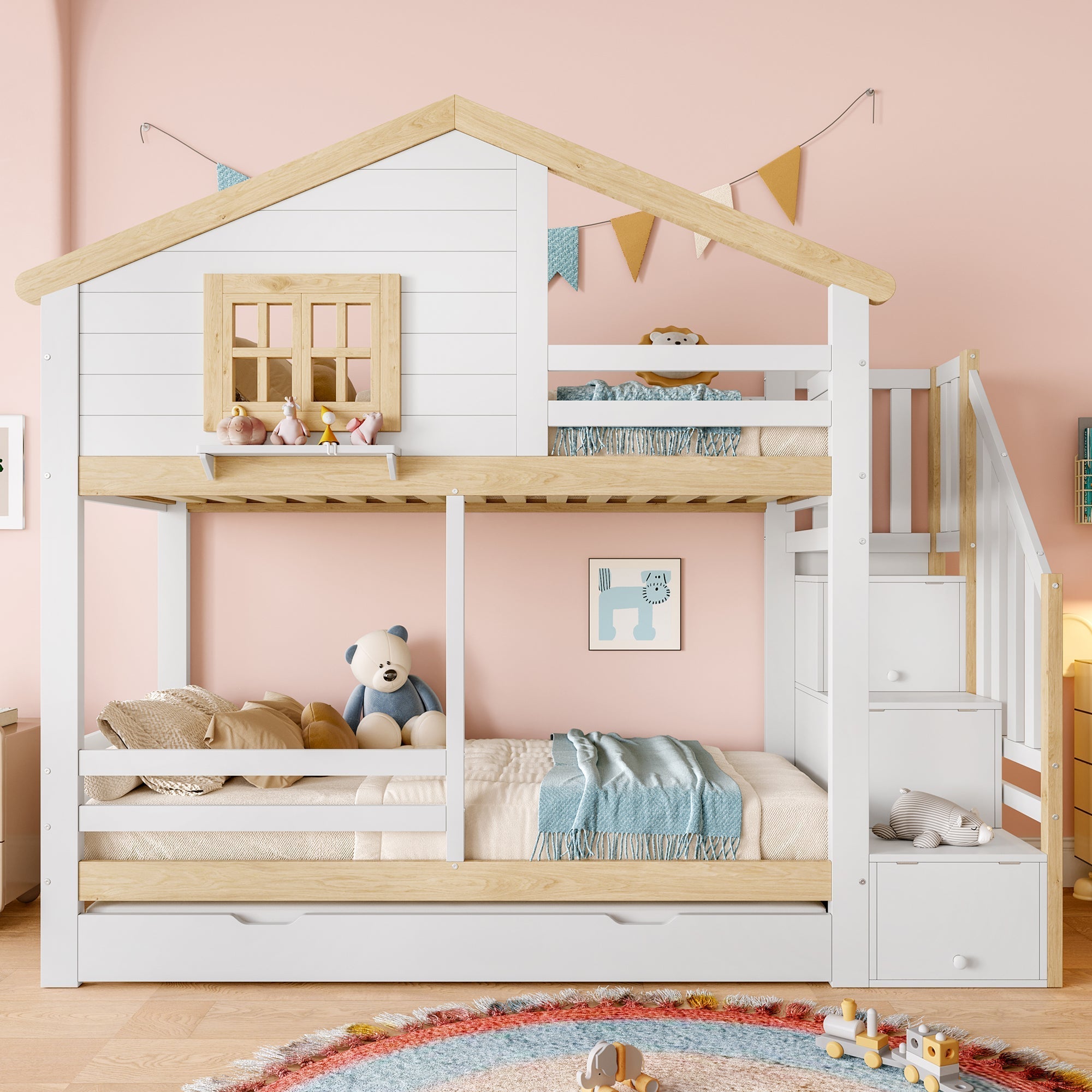 Bunk Bed with Pull-out Bed, Storage Ladder and House Frame, White and Natural