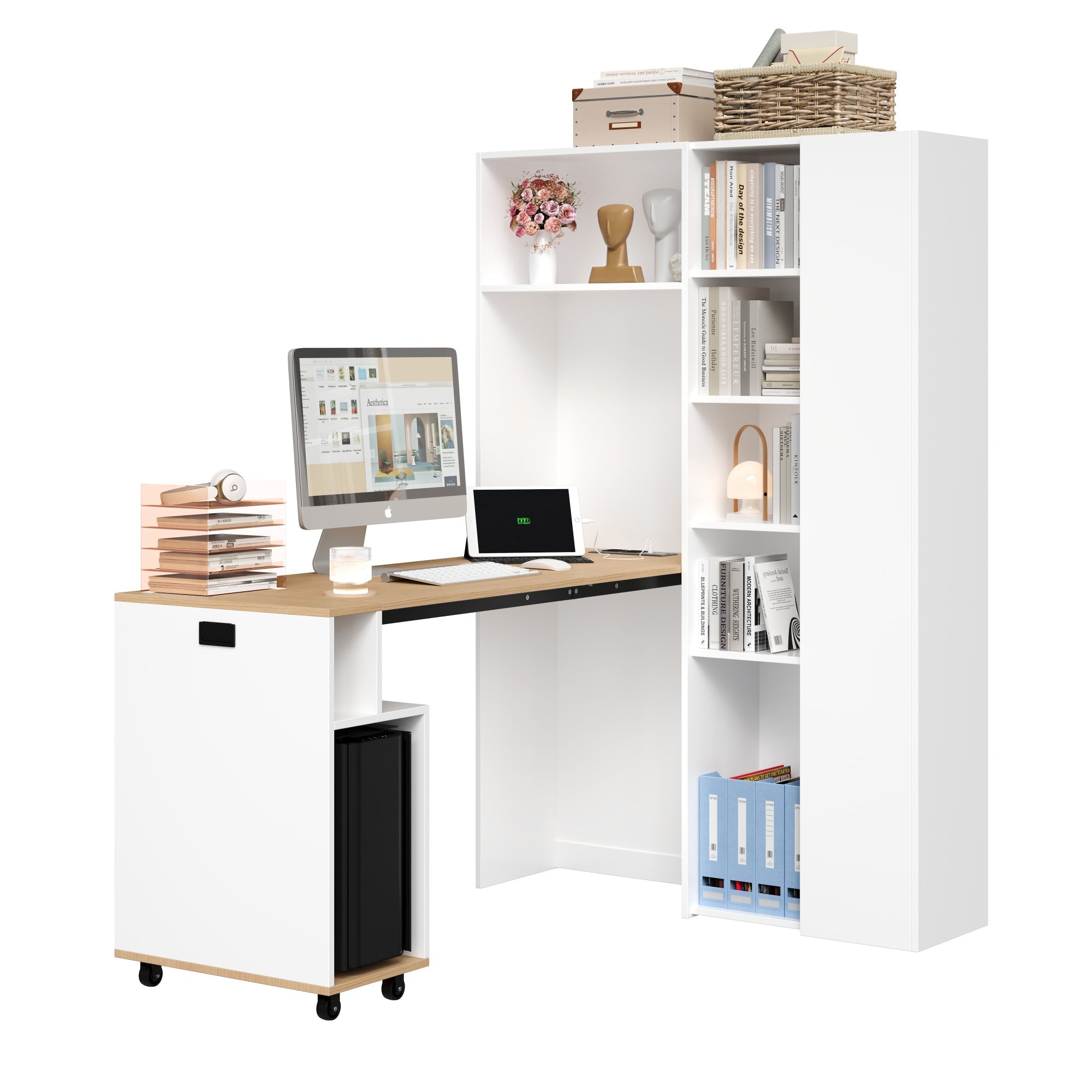 Folding Desk with Shelves, 2-in-1 Bookshelf, USB, Adjustable, White