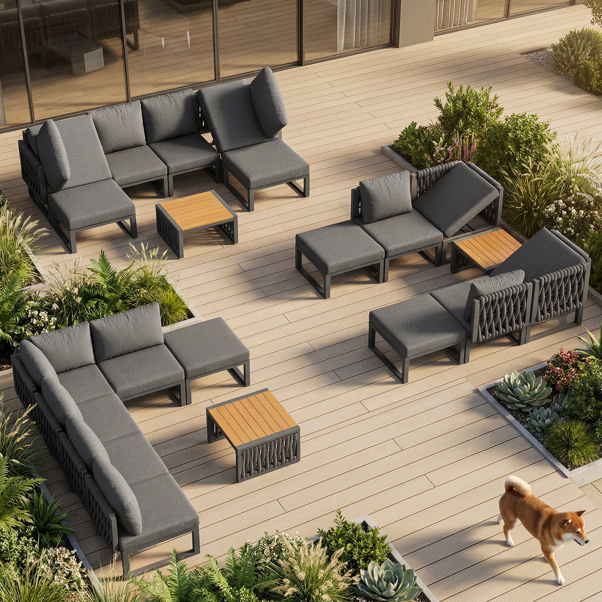 Garden Furniture Set 6-Person Lounge Double Sun Lounger Adjustable Backrest Cushions - Grey