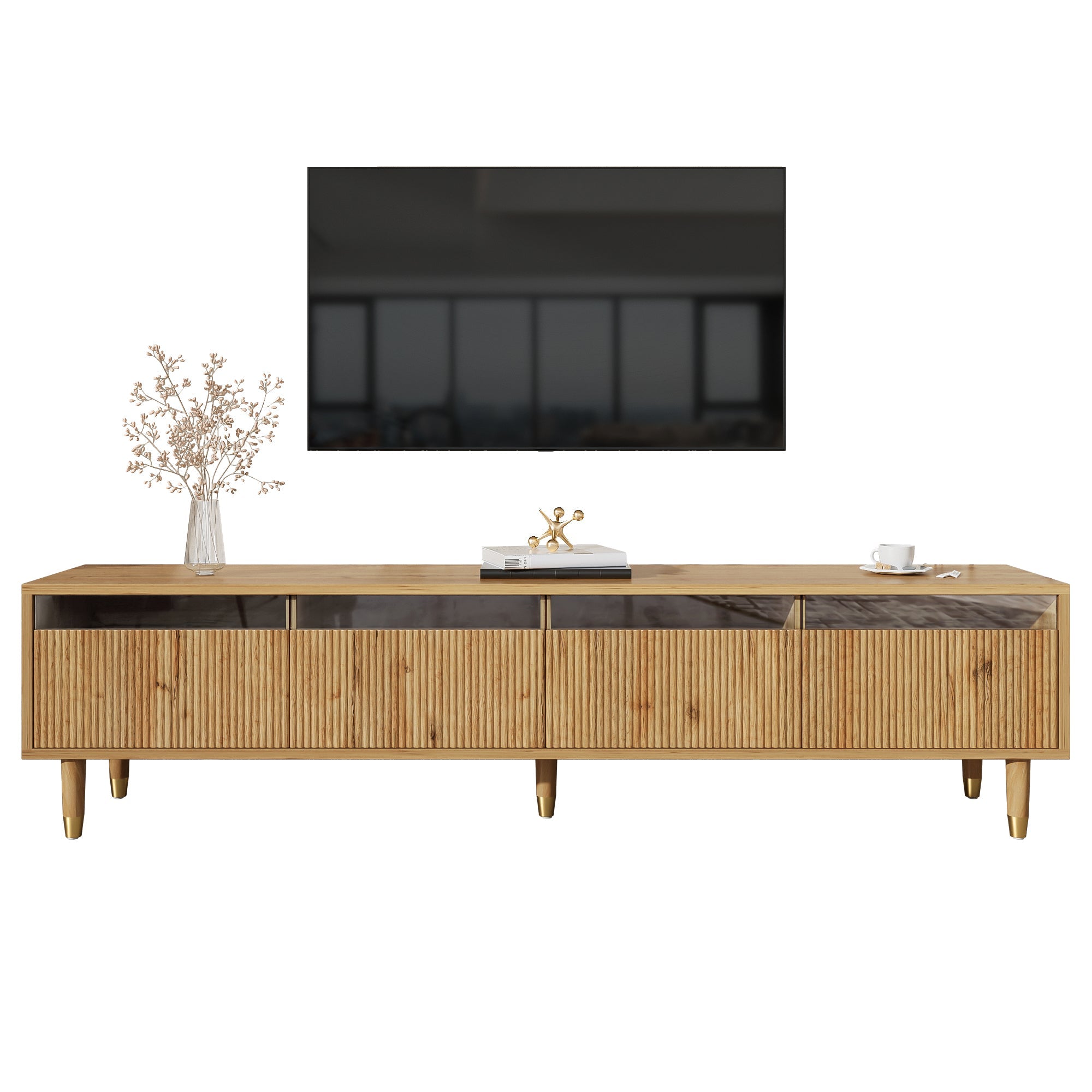 Modern TV Cabinet 178cm Minimalist Large Storage 4 Drawers, Wood Look MDF & Acrylic