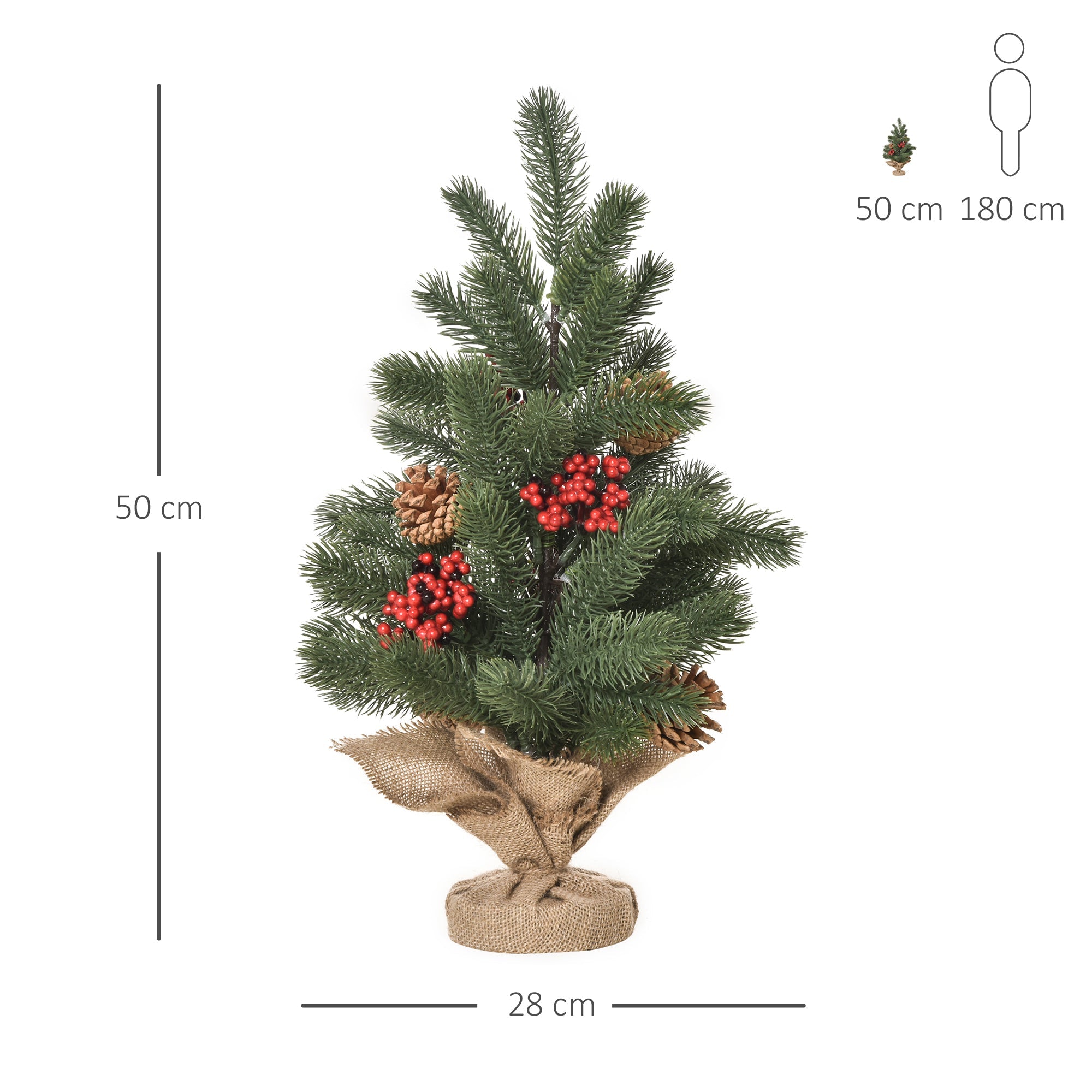 Artificial Christmas Tree 50cm, 55 Branches with Berries & Cones, PE & Cement