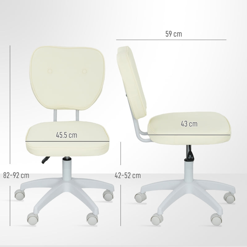 Vanity Office Chair Adjustable Armless Swivel PU Leather Cream