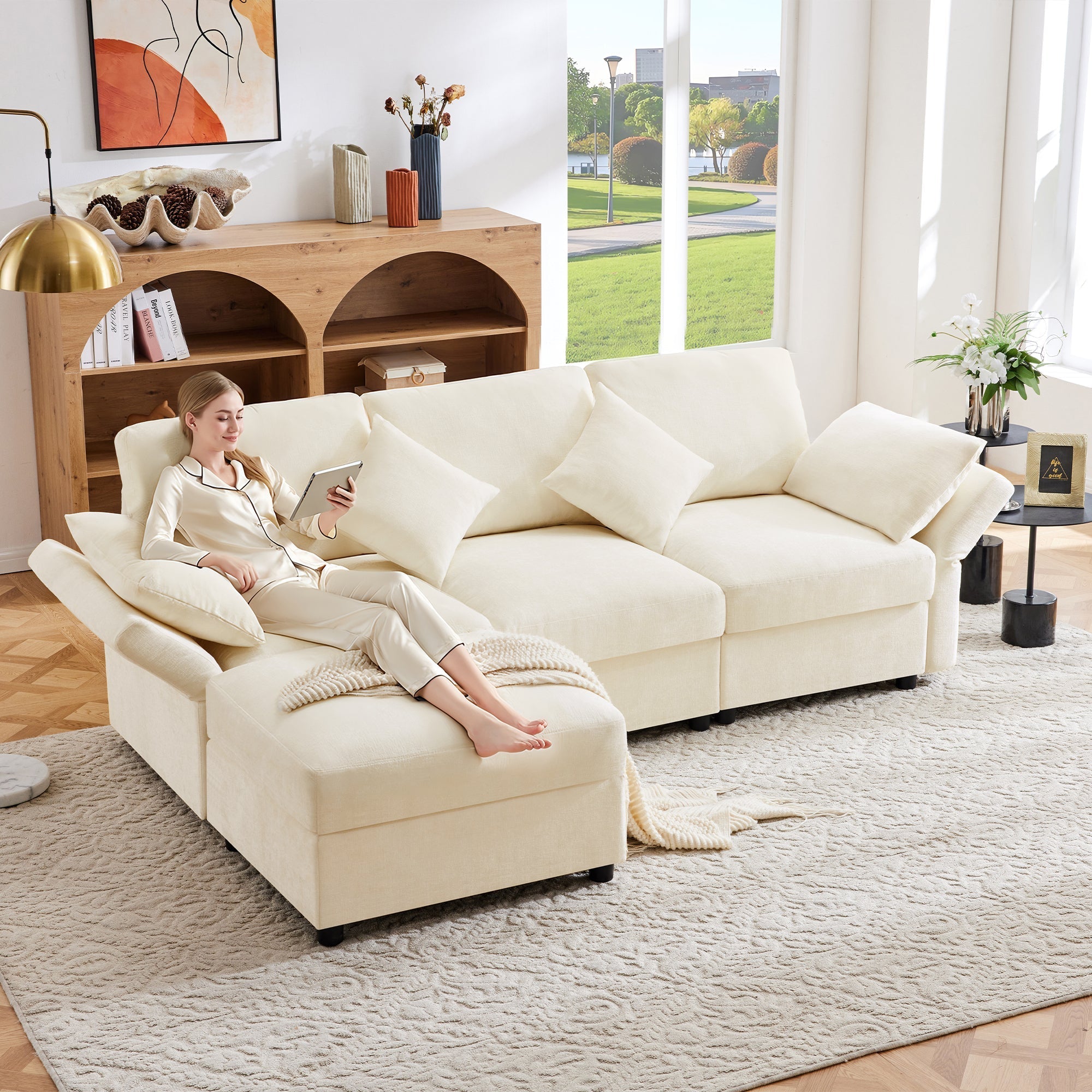 L-shaped Corner Sofa Bed with Footstool, Convertible 3-Seater, 4 Cushions, Adjustable Armrests, Beige Chenille