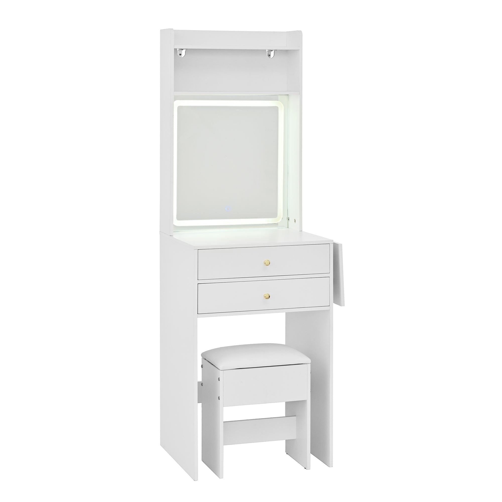 Small dressing table with adjustable LED lighting, stool, 2 drawers, 2 open compartments, and 22cm foldable tabletop, white