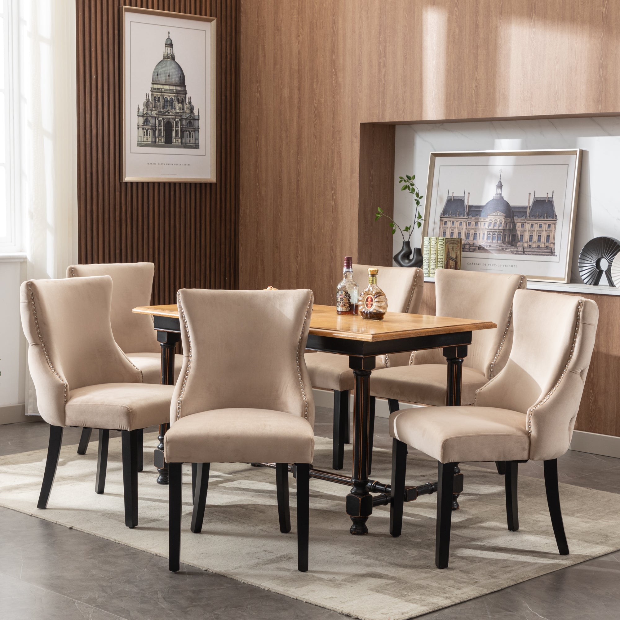 Dining Chair - Button Tufting, Solid Wood Frame - Beige Velvet (Set of 6)