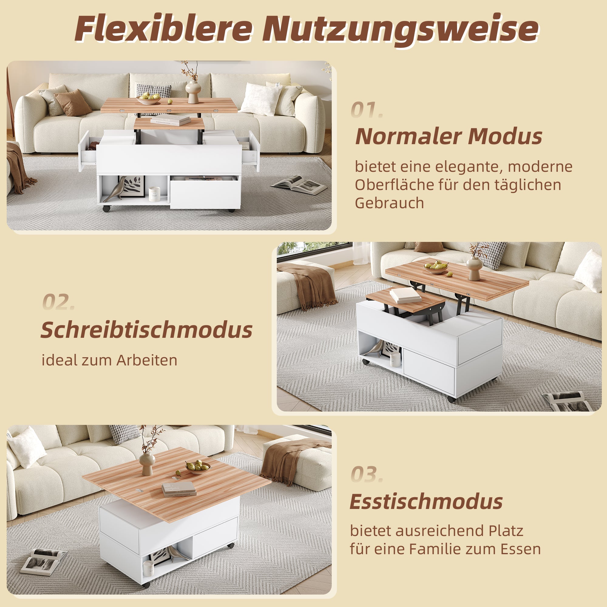 Coffee Table, 100x50x52cm Lift-Top with 4 Wheels & Drawers, White & Wood