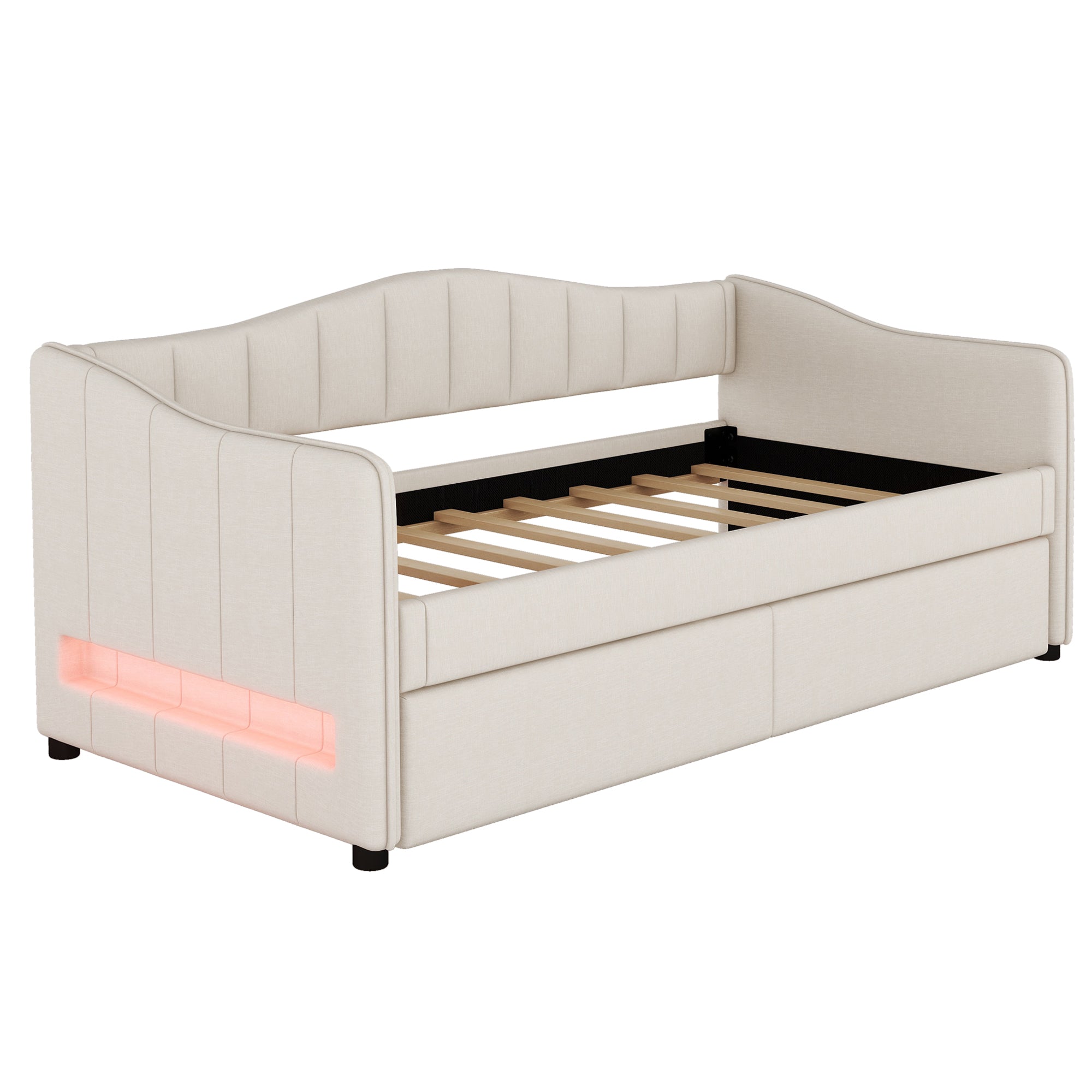 Daybed with Pull-Out Trundle Bed and LED Lighting, 90x200cm, Beige Linen