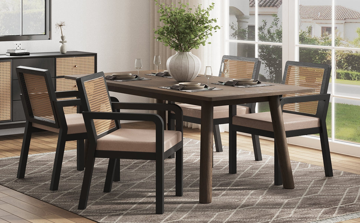 Dining Chair Set of 2 Rattan Backrest Rubberwood Legs - Velour Fabric