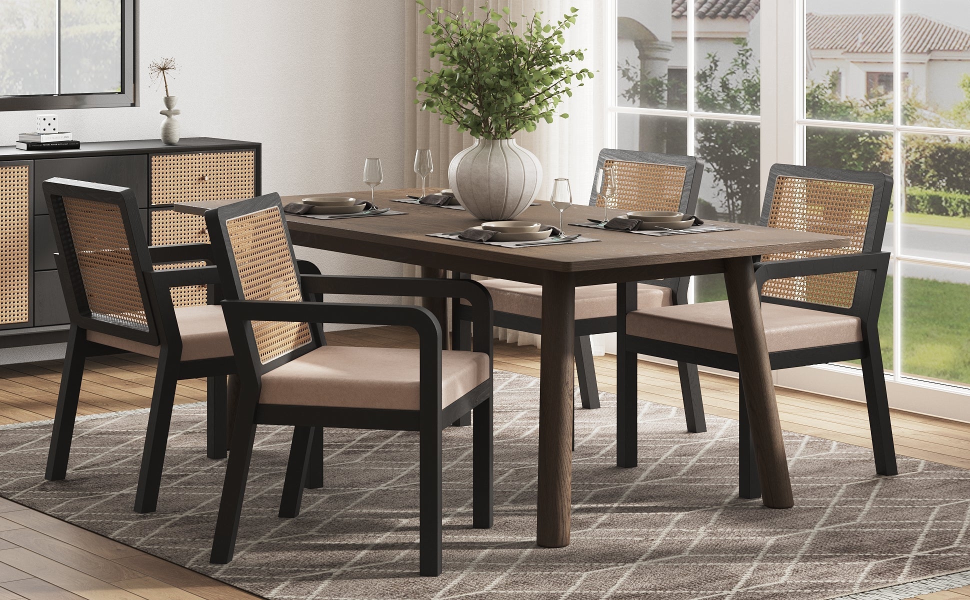 Velour Dining Chair Set of 4 Rattan Back Rubberwood Legs